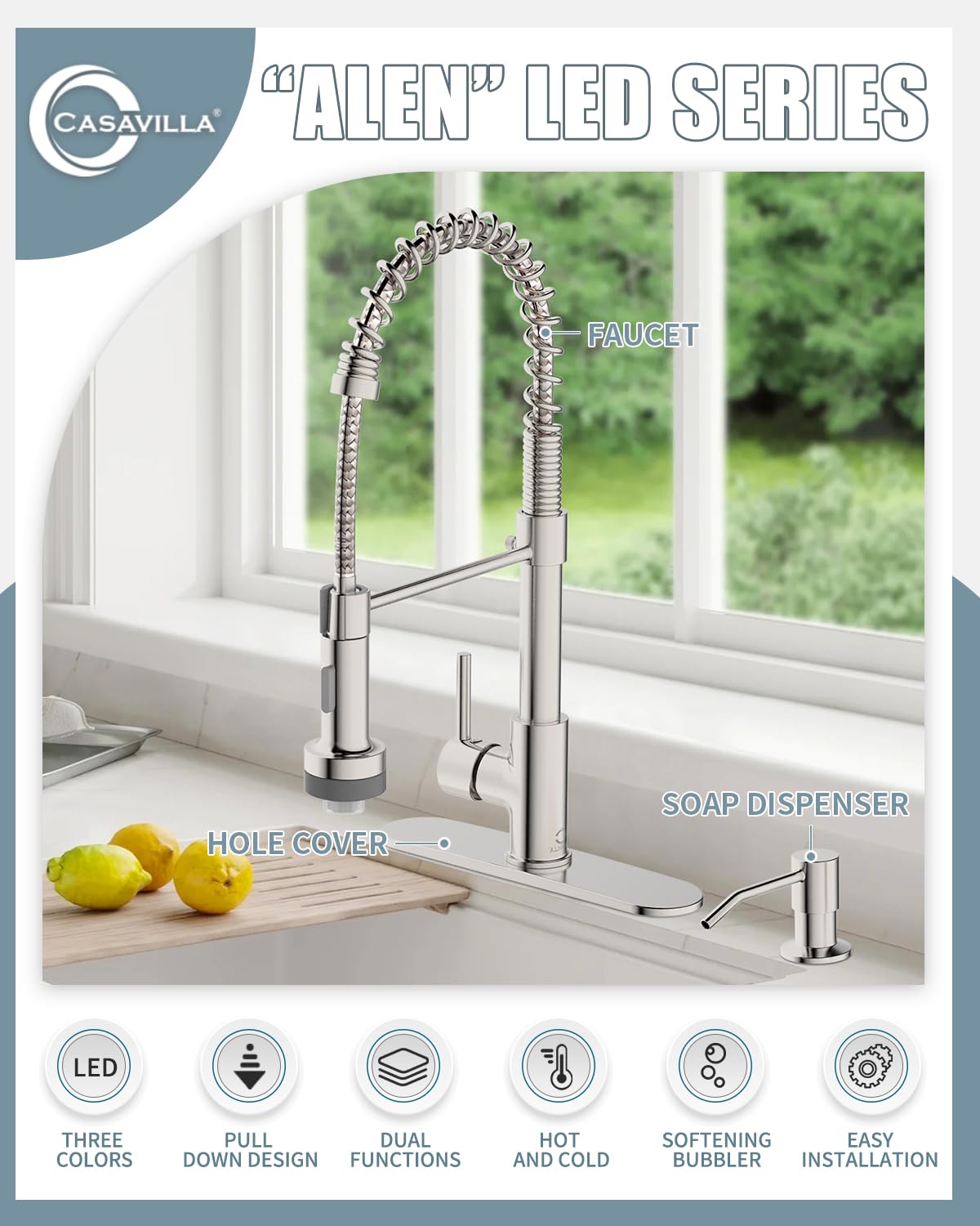 LED Light Kitchen Faucet with Soap Dispenser - Brushed Nickel Single Handle Pull Down Sprayer Stainless Steel Sink Faucet for RV, Camper, Farmhouse & Home Kitchen - Perfect for Modern, Small & Mobile Living Spaces