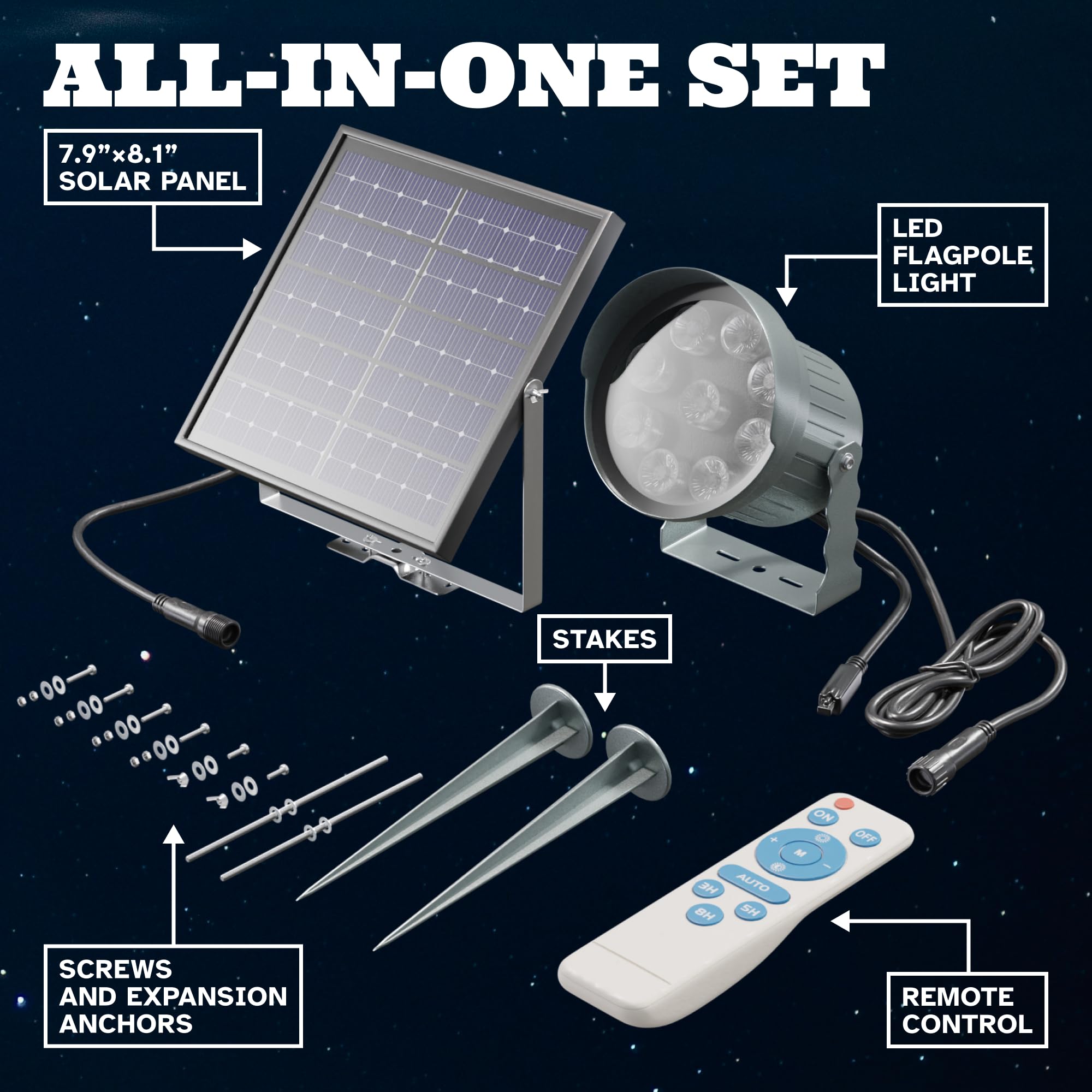 Deneve Solar Flagpole Light - IP65 Waterproof Solar Powered Flag Pole Light with Remote Control - Adjustable Brightness Dusk to Dawn - Perfect for Flag Pole, Garden, Patio, Yard & Outdoor Decor - Solar Spotlight for Flags, Landscaping & Nighttime Illumination