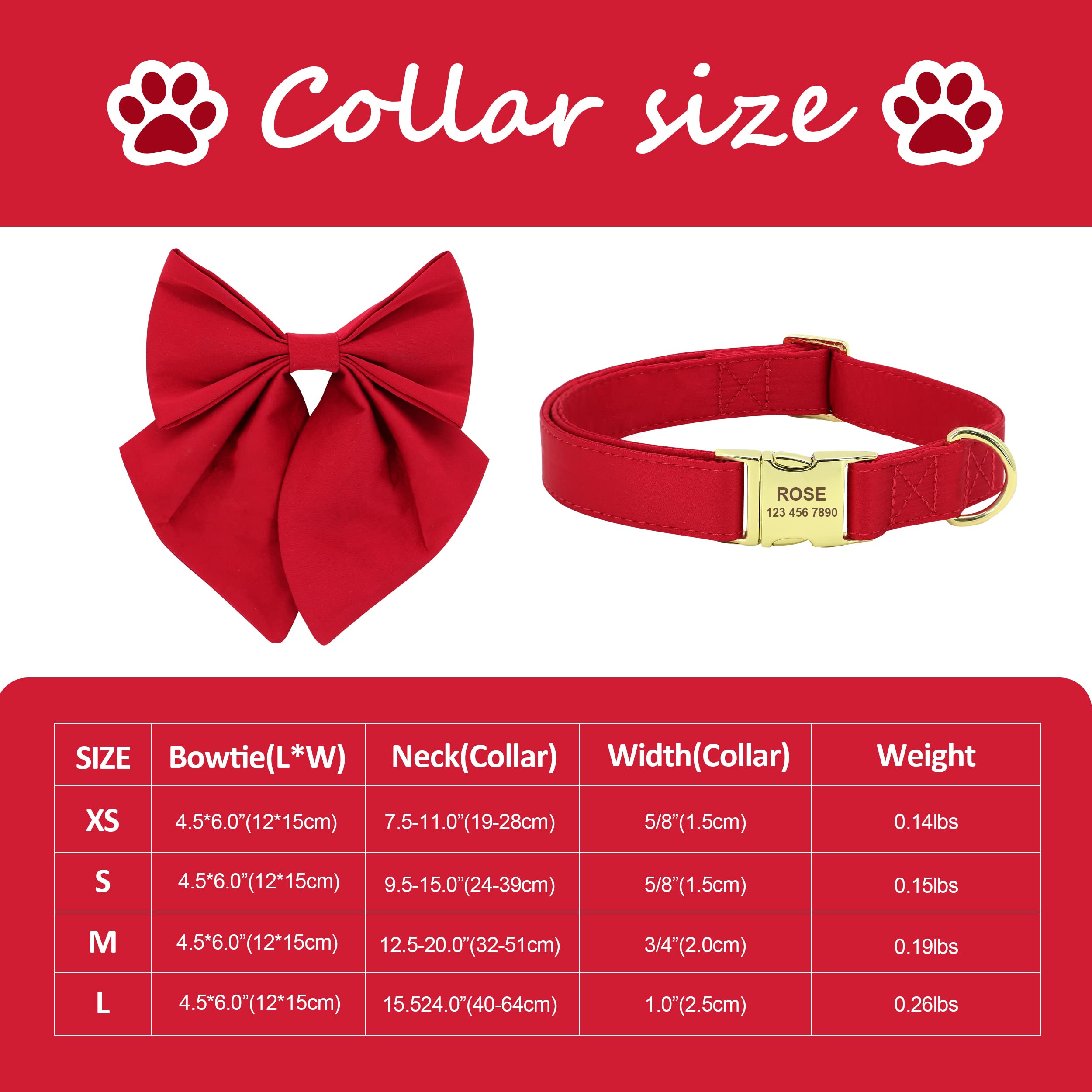 Beirui Personalized Dog Collar with Large Bow - Adjustable Golden Metal Buckle Pet Collar for Small Medium Large Dogs | Soft Durable Wedding & Holiday Bowtie Collar for Special Occasions (Red, Size L)