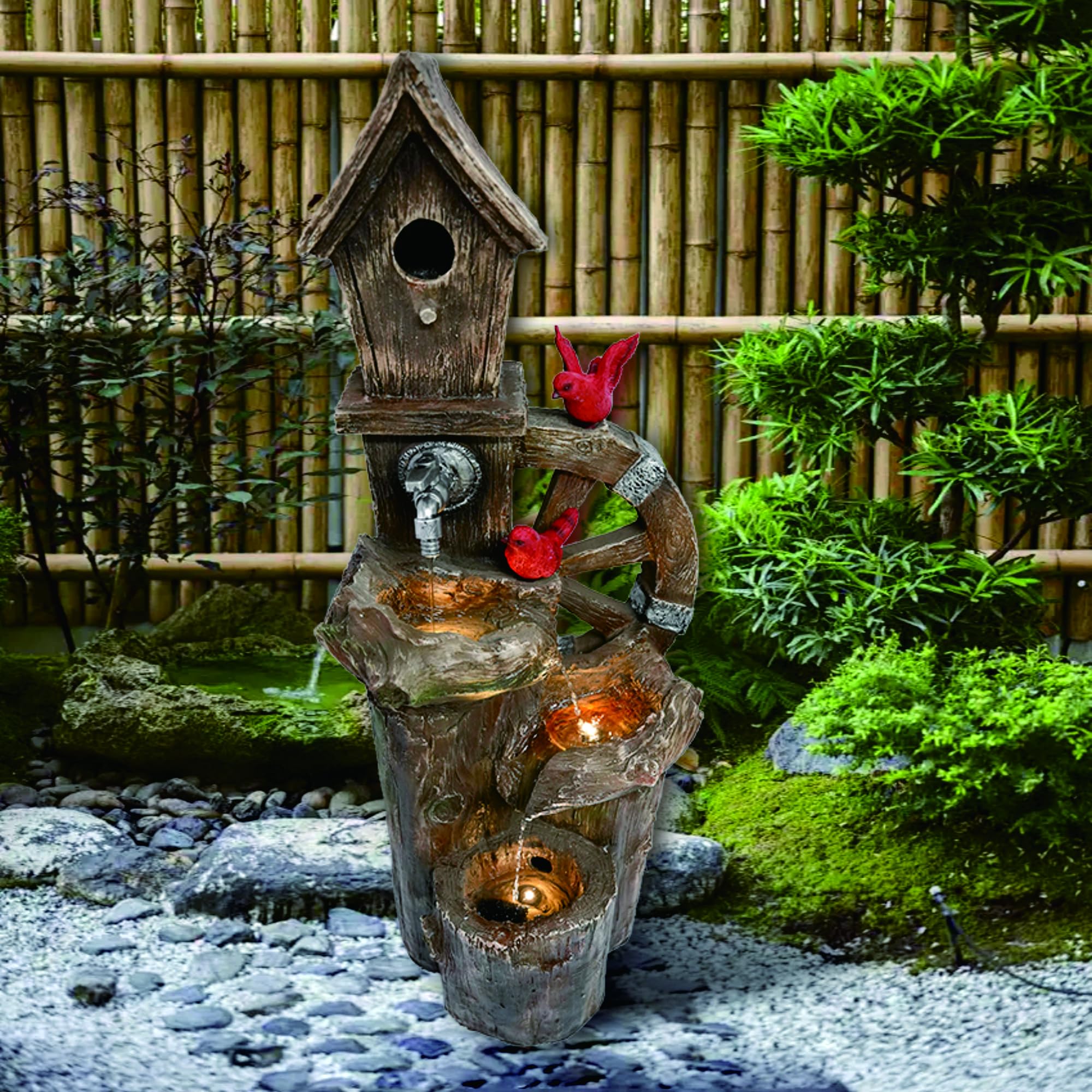 3-Tier Decorative Garden Birdhouse with LED Lights & Water Wheel - Outdoor Water Fountain for Patio, Yard, and Garden Decor