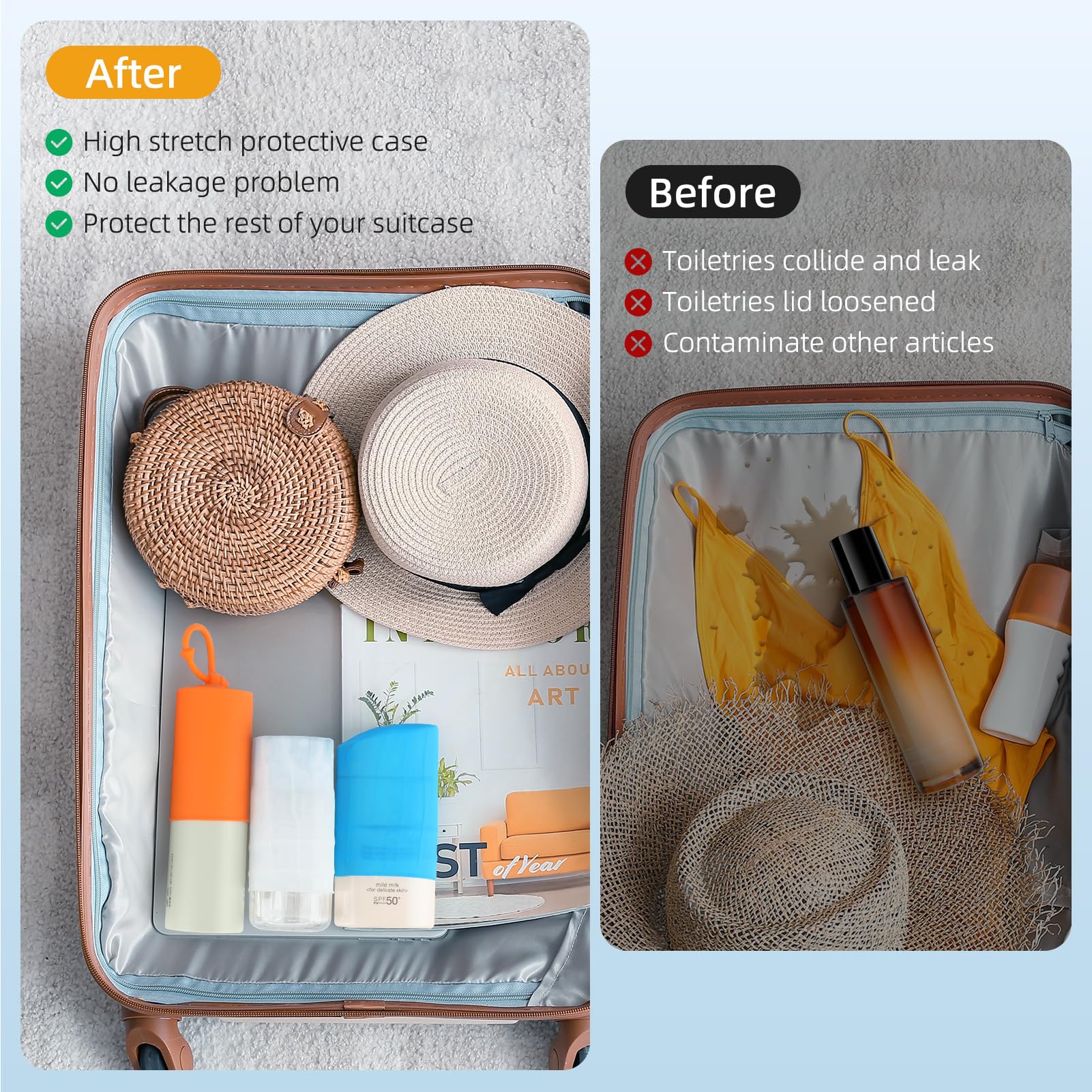 FlyCoco 16-Piece Silicone Elastic Sleeve Covers for Leak-Proof Travel Bottles - Reusable Toiletries Protectors for Women & Men - Perfect for Carry-On Luggage, Cruise Ships, and Airplane Travel Essentials