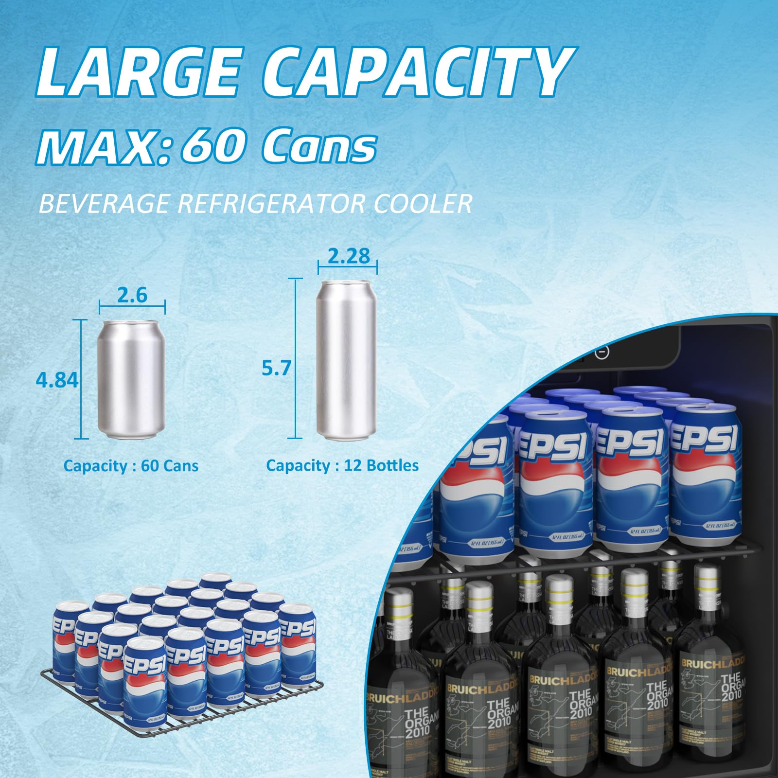 60 Can Mini Fridge - 1.3 Cu Ft Compact Beverage Cooler with Glass Door, Adjustable Shelves & Digital Display for Soda, Beer, Wine - Perfect for Home Bar, Office, Dorm Room or Under Counter Use