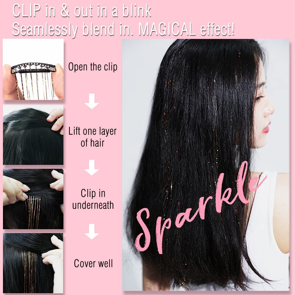 BowieMall 4-Piece Clip-In Hair Extension Kit with Glitter Tinsel - Heat Resistant Synthetic Hair Extensions for Women, Girls & Kids - Perfect for Parties, Festivals, Cosplay & Special Occasions