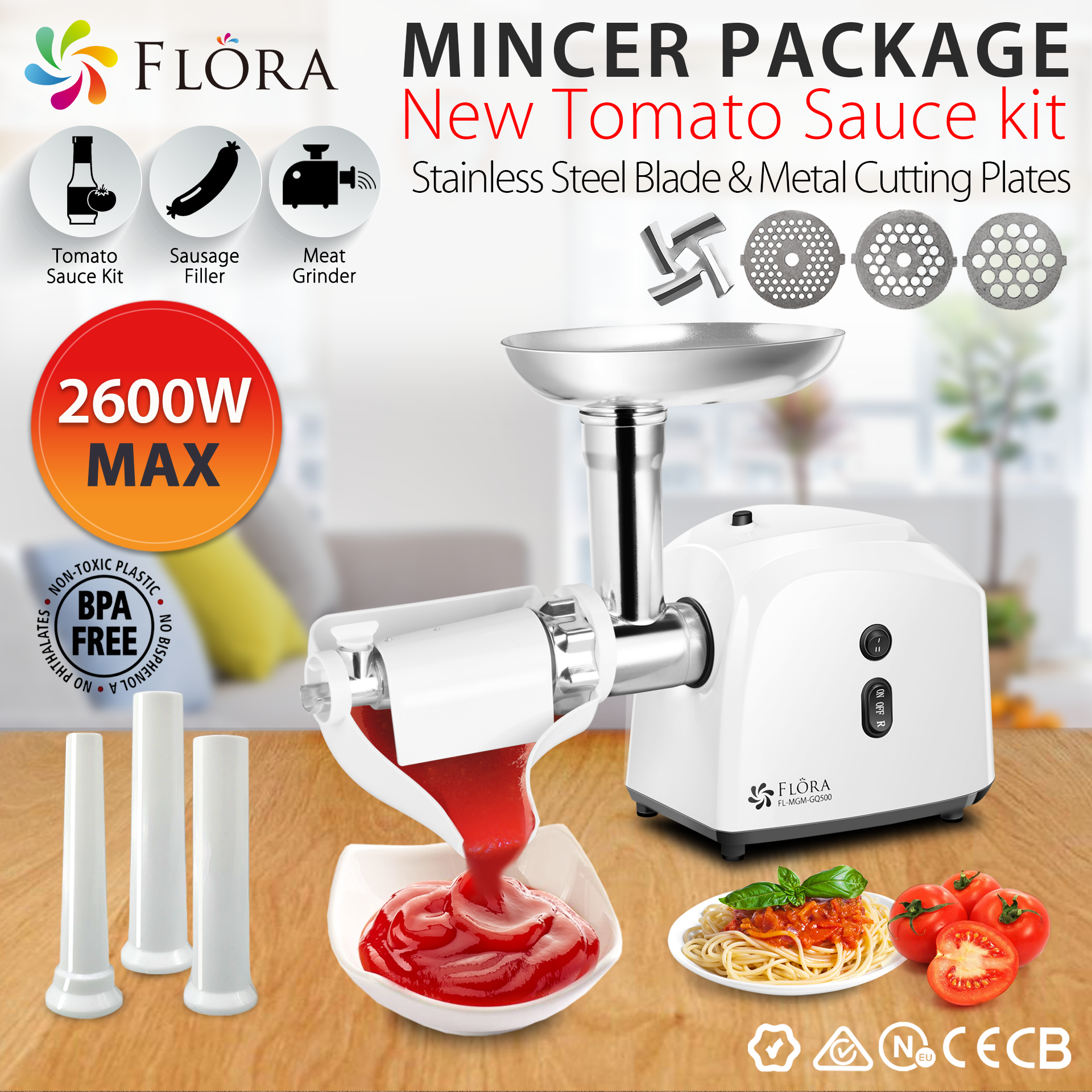 Flora White Electric Meat Grinder & Tomato Sauce Maker Kit - Powerful 300W Motor, 3 Grinding Plates - Perfect for Homemade Burgers, Sausages & Pasta Sauces - Kitchen Appliance for Food Prep & Cooking