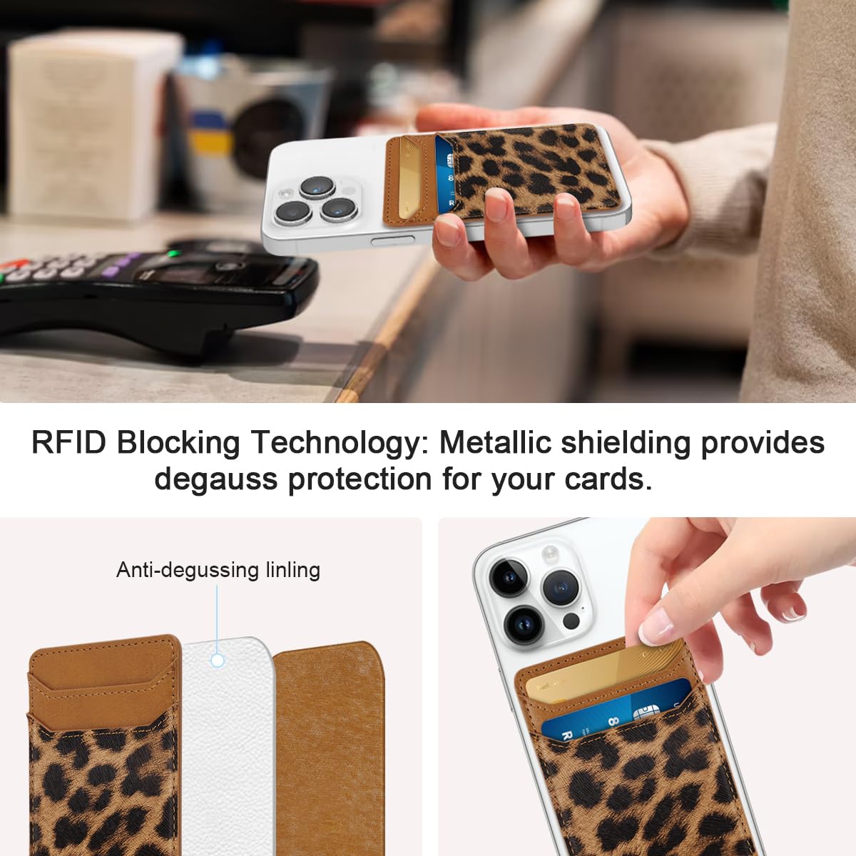 Self Adhesive Card Holder for Phone Back - Genuine Leather RFID Blocking Wallet Pocket with Strong Adhesive - Credit Card Sleeve for iPhone & Samsung Cases (Leopard Print) - Perfect for Hands-Free Shopping, Travel & Contactless Payments