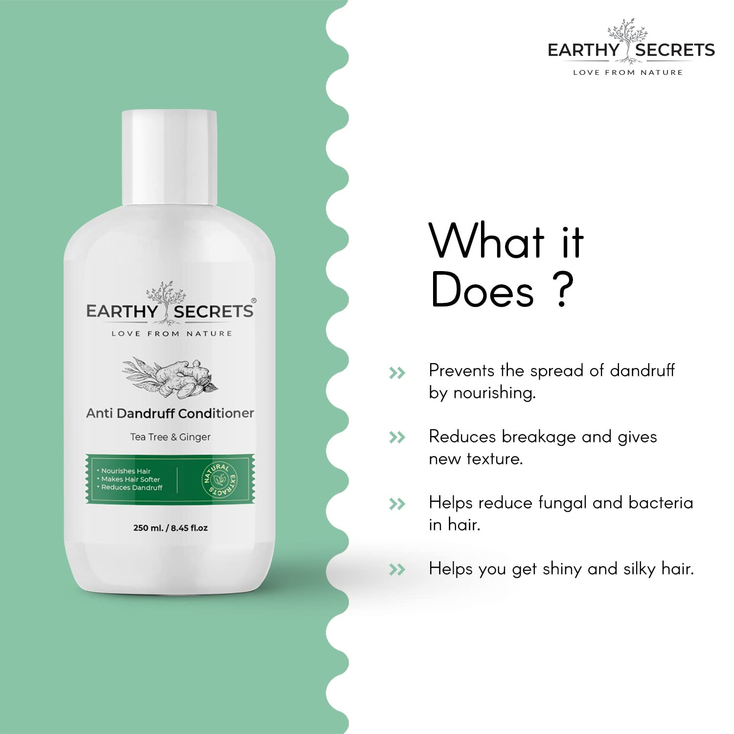 Earthy Secrets Anti Dandruff Hair Conditioner with Tea Tree & Ginger Oil for Men & Women - Soothes Itchy Scalp, Eliminates Dandruff, Nourishes & Restores Scalp Health - Leaves Hair Soft, Smooth & Shiny - Perfect for Daily Hair Care & Scalp Treatment at Home
