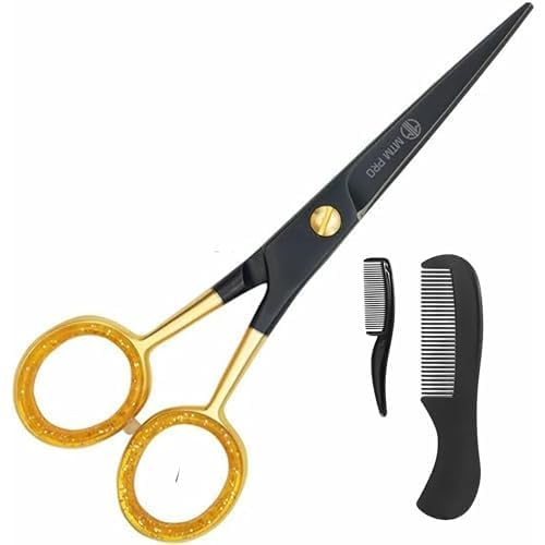 Premium Stainless Steel Beard & Mustache Scissors Set with Comb - 5 Inch Professional Grooming Kit for Men - Black & Gold Trim Scissors for Precise Facial Hair Styling at Home or Salon Use