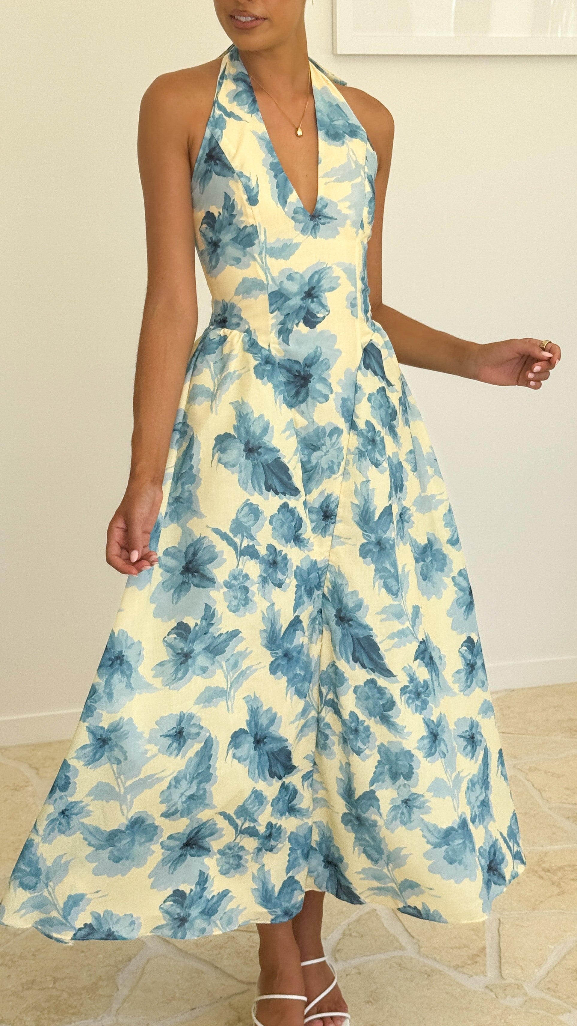 Bryony Halter Neck Maxi Dress - Yellow & Blue Floral Print Summer Beach Dress for Women | Perfect for Vacation, Pool Party & Boho Fashion