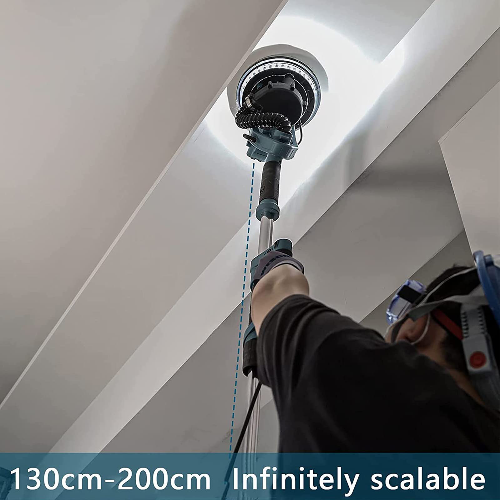 1800W Electric Drywall Sander with Vacuum Attachment - Variable Speed 1000-2100 RPM, LED Light & Extension Handle - Professional Wall Polishing Machine with Long Dust Hose & 50 Sandpapers - Perfect for Home Renovation, Drywall Repair and DIY Projects