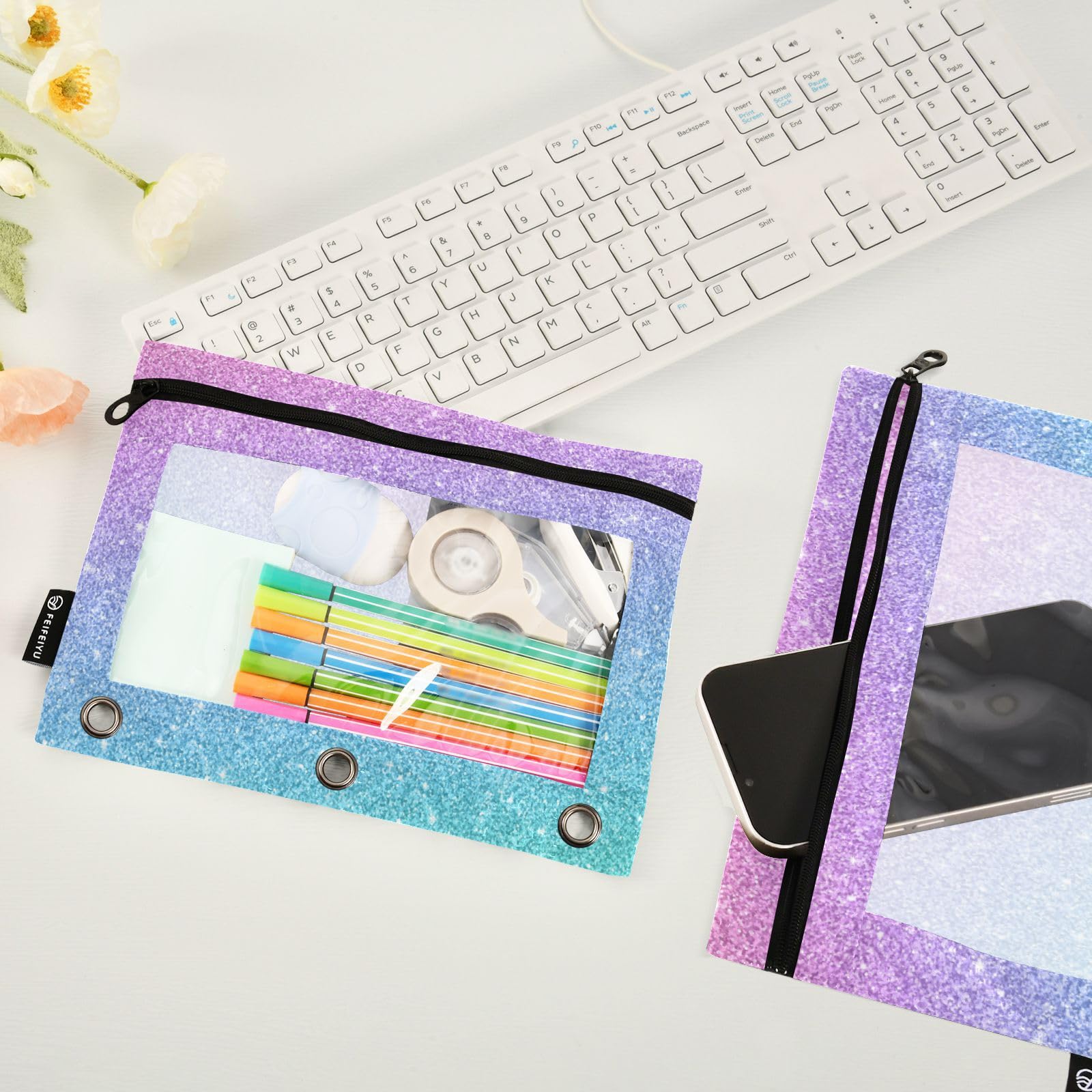 Gredecor Glitter 3-Ring Binder Pencil Pouch Set - 2 Pack Blue & Pink Zippered Pencil Cases, Clear School & Office Organizer for Folders, Notebooks & Supplies | Perfect for Students, Teachers & Professionals