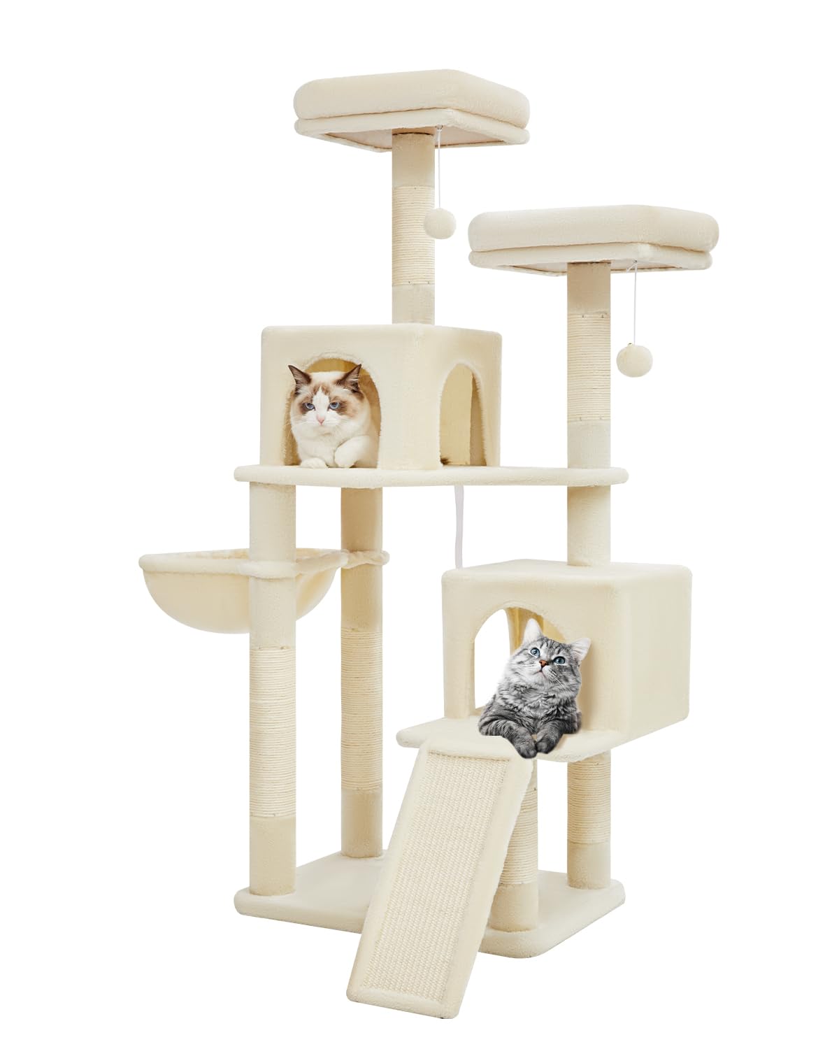 56.3-Inch Cat Tree with Scratching Posts & Hammocks - Multi-Level Cat Tower for Indoor Cats Featuring Toys, Condo & Large Scratch Board - Beige MS012M - Perfect for Small Spaces & Playful Kittens