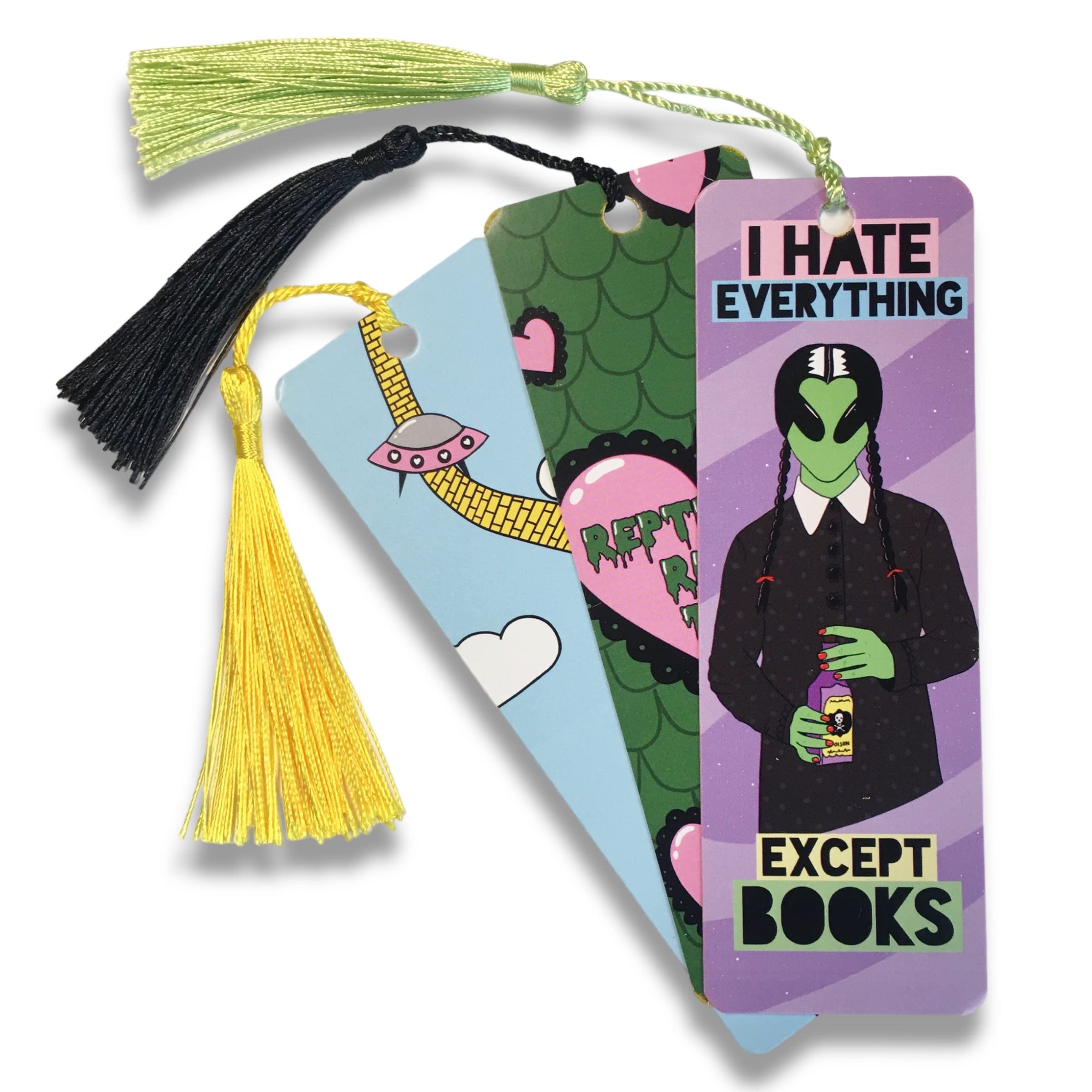 Set of 3 Alien Wednesday Addams UFO Reptilian Funny Cardstock Bookmarks with Tassels - Perfect for Book Lovers, Gifts & Halloween Party Favors