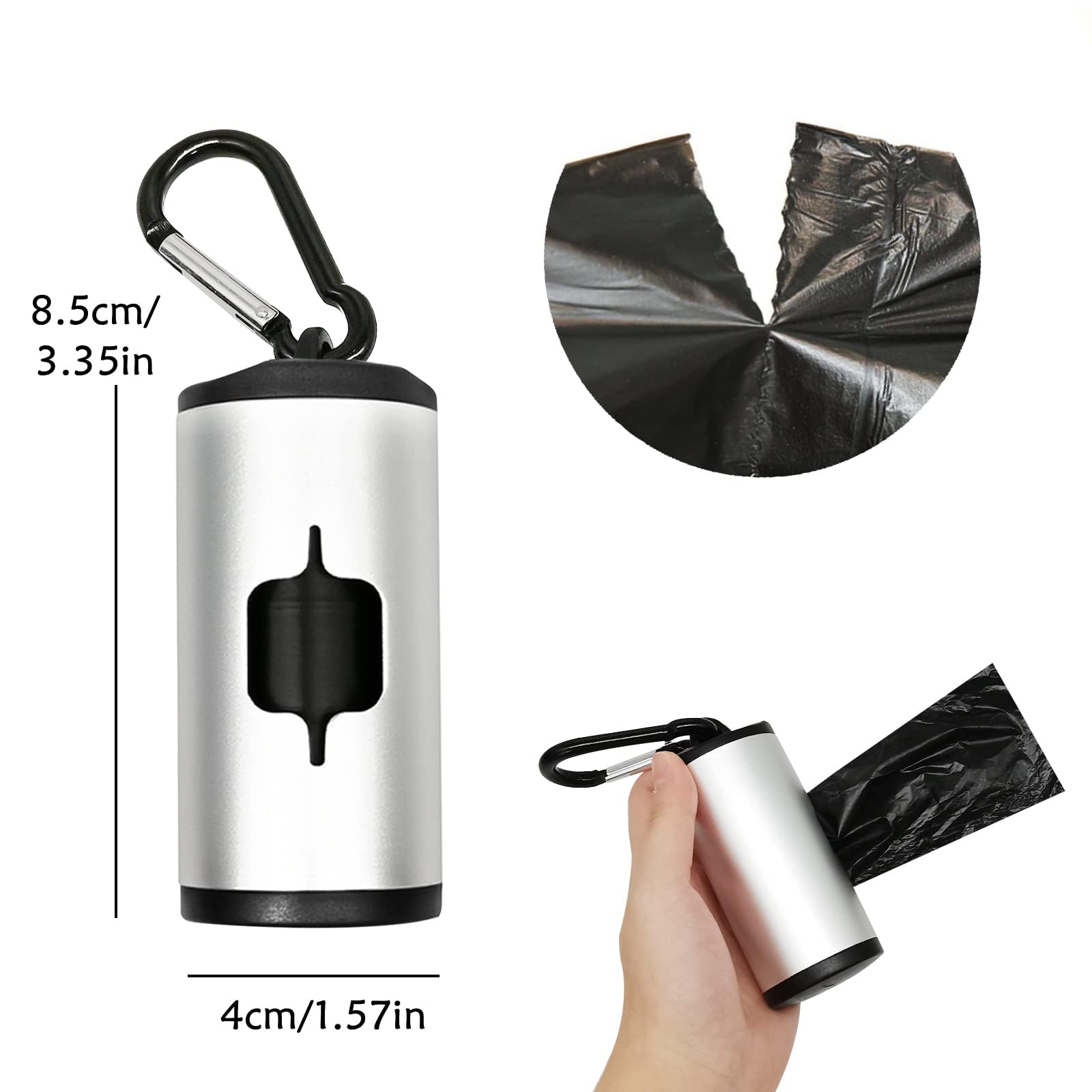 Durable Aluminum Dog Poop Bag Holder with Carabiner Clip - Metal Pet Waste Dispenser with Hook & Loop Fastener, Elastic Cord for Used Bags (Silver, Includes 15 Bags) - Perfect for Walking, Hiking, and Outdoor Pet Cleanup