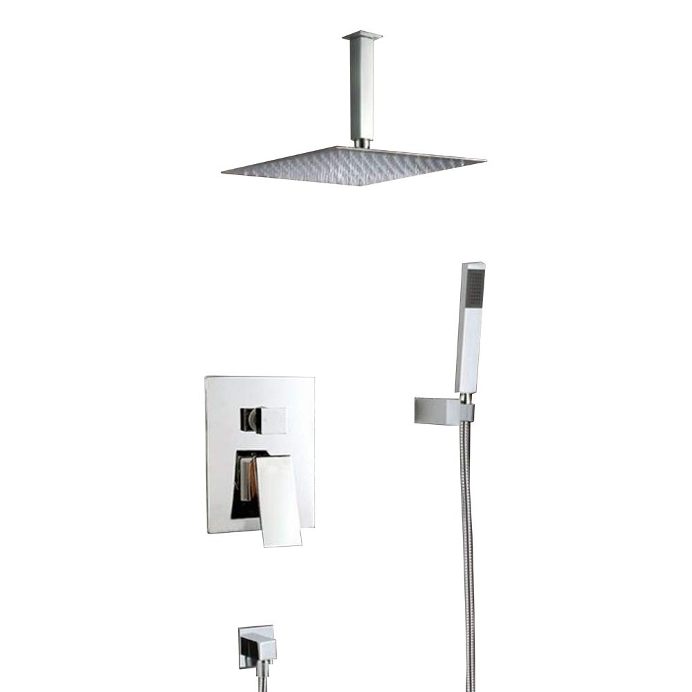 12 Inch Solid Brass Ceiling Mounted Shower Faucet Set with Rain Mixer Shower Head & Handle - Chrome Finish (Type1) for Modern Bathroom & Spa Experience