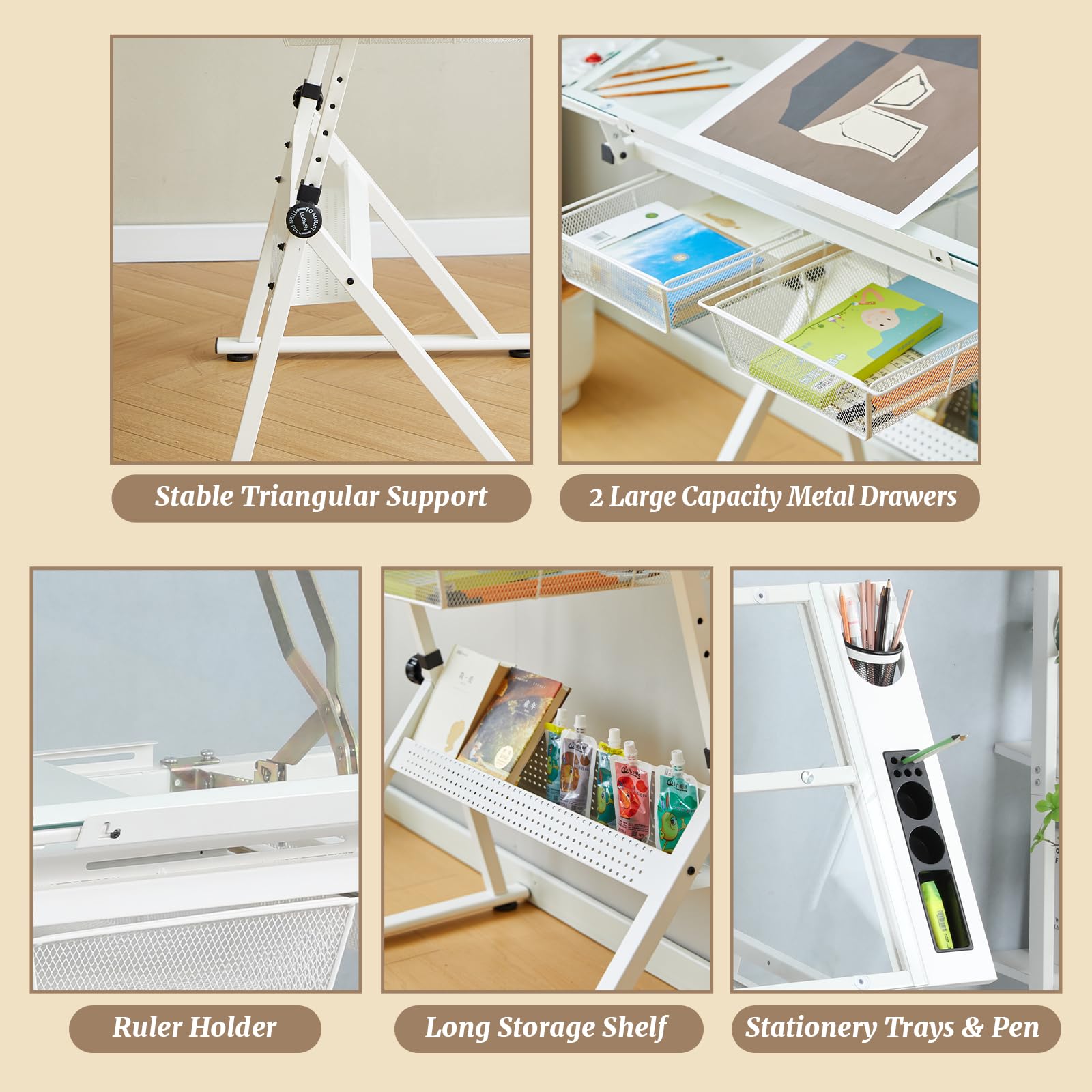 Adjustable Drafting Table with Stool - Tilting Tempered Glass Top Art Desk for Painting, Drawing & Crafting - 2 Storage Drawers, Height Adjustable White Workstation (Perfect for Artists, Architects & Hobbyists)