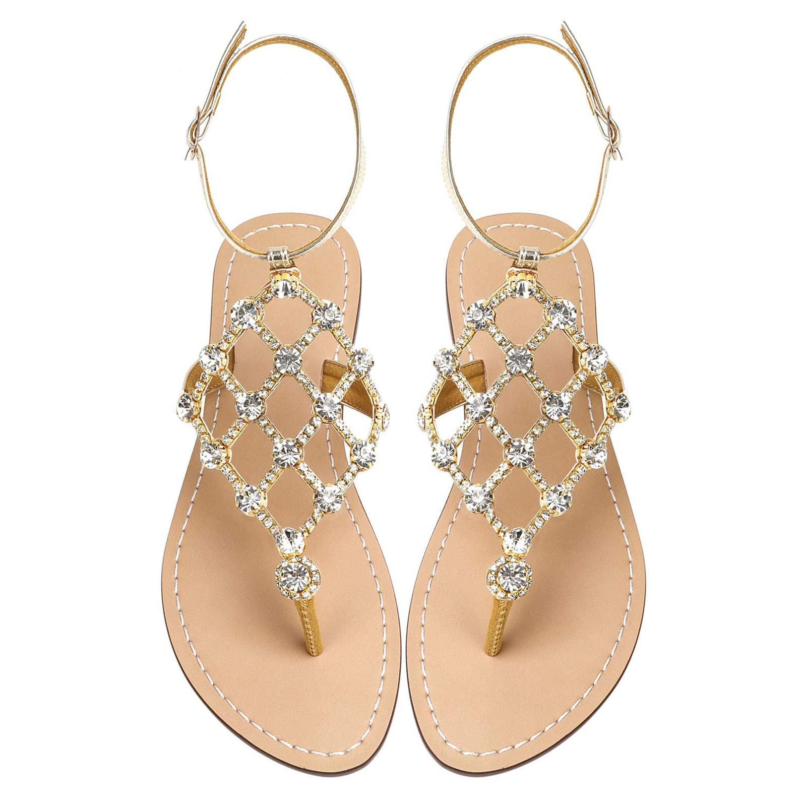 UTIKLIOU Women's Rhinestone T-Strap Flat Sandals - Stylish Summer Flip Flops for Beach, Pool, and Casual Outings