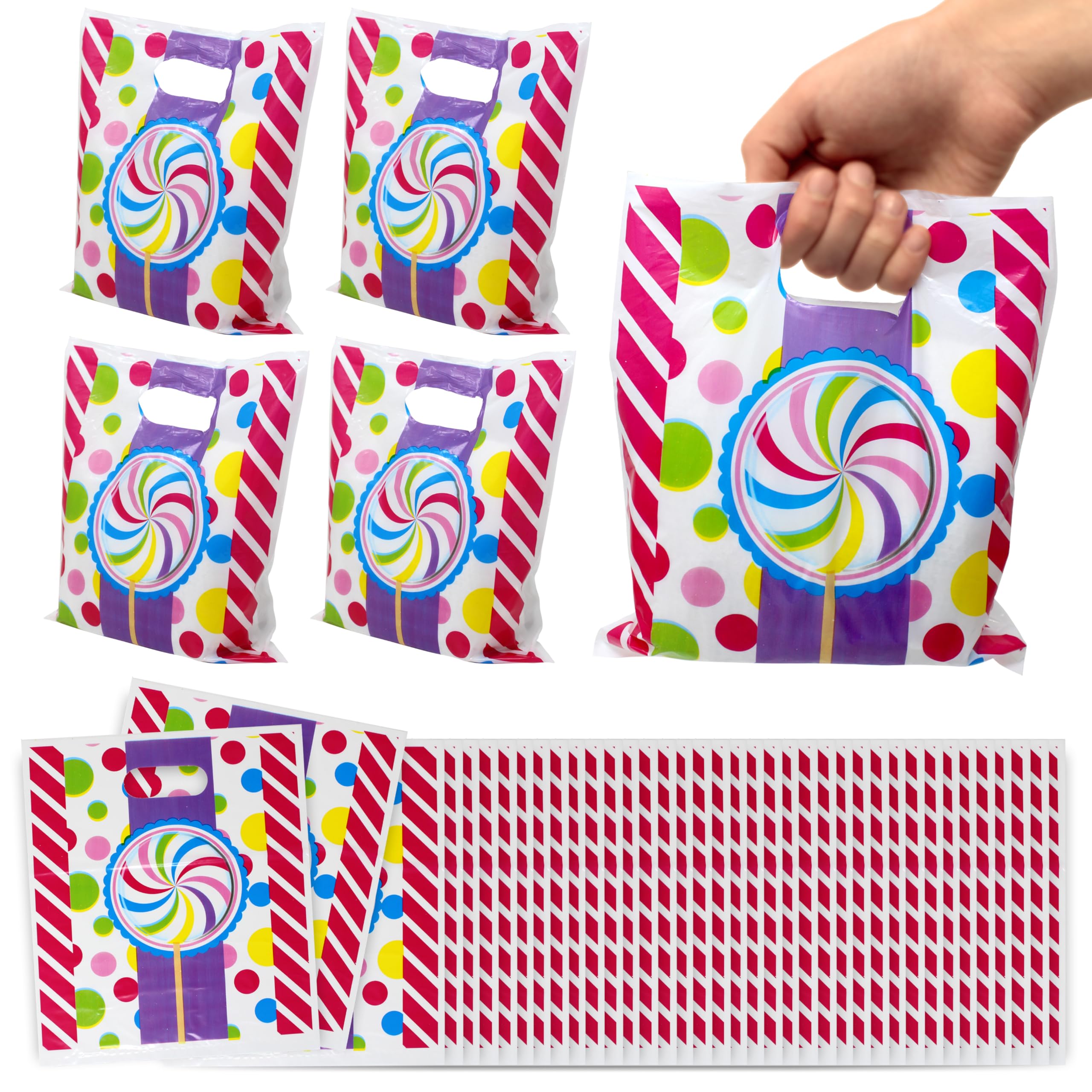 Candyland Party Favor Bags for Kids Bulk - 96 Pack Cute Plastic Goodie Bags with Handles for Birthday Party Supplies | Perfect for Candy Shoppe Parties, Kids Birthday Favors & Halloween Treat Bags