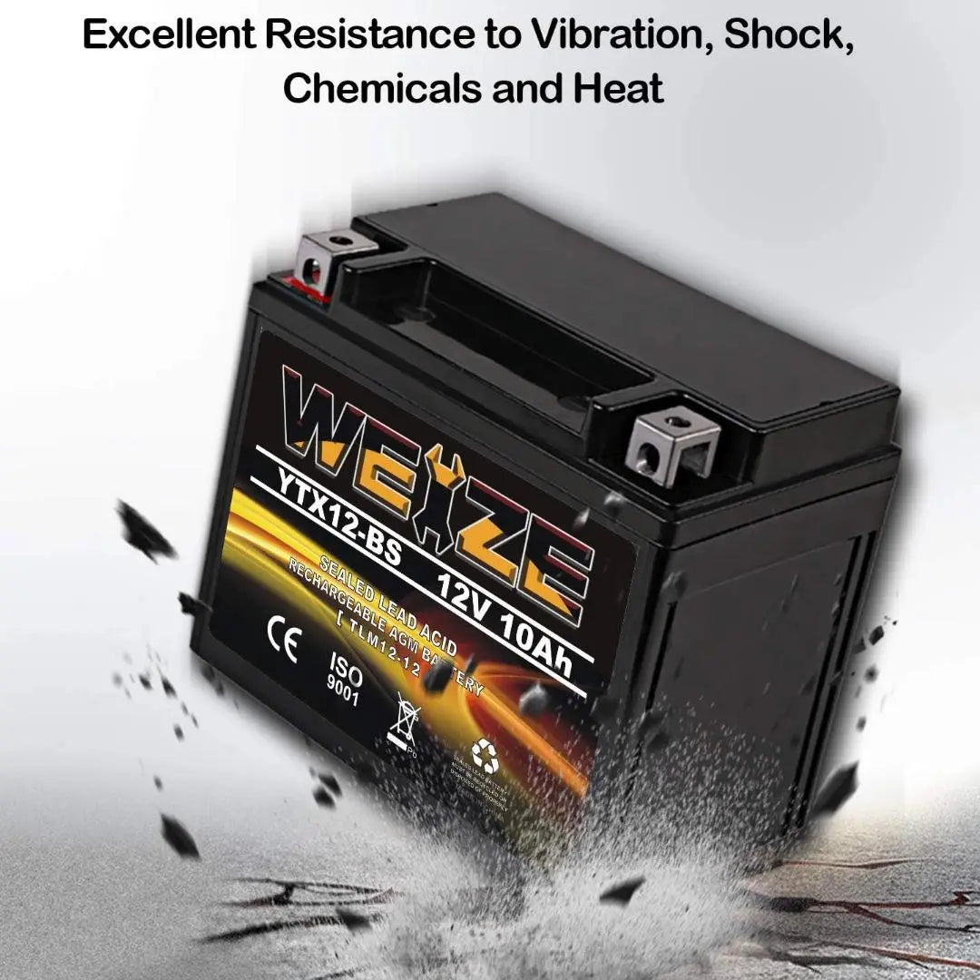 WEIZE YTX12-BS 12V 10Ah AGM Sealed Motorcycle Battery - Maintenance Free, High Performance, Rechargeable ATV Battery Compatible with Honda, Kawasaki, Suzuki - Perfect for Off-Road, Dirt Bikes & Powersports Vehicles
