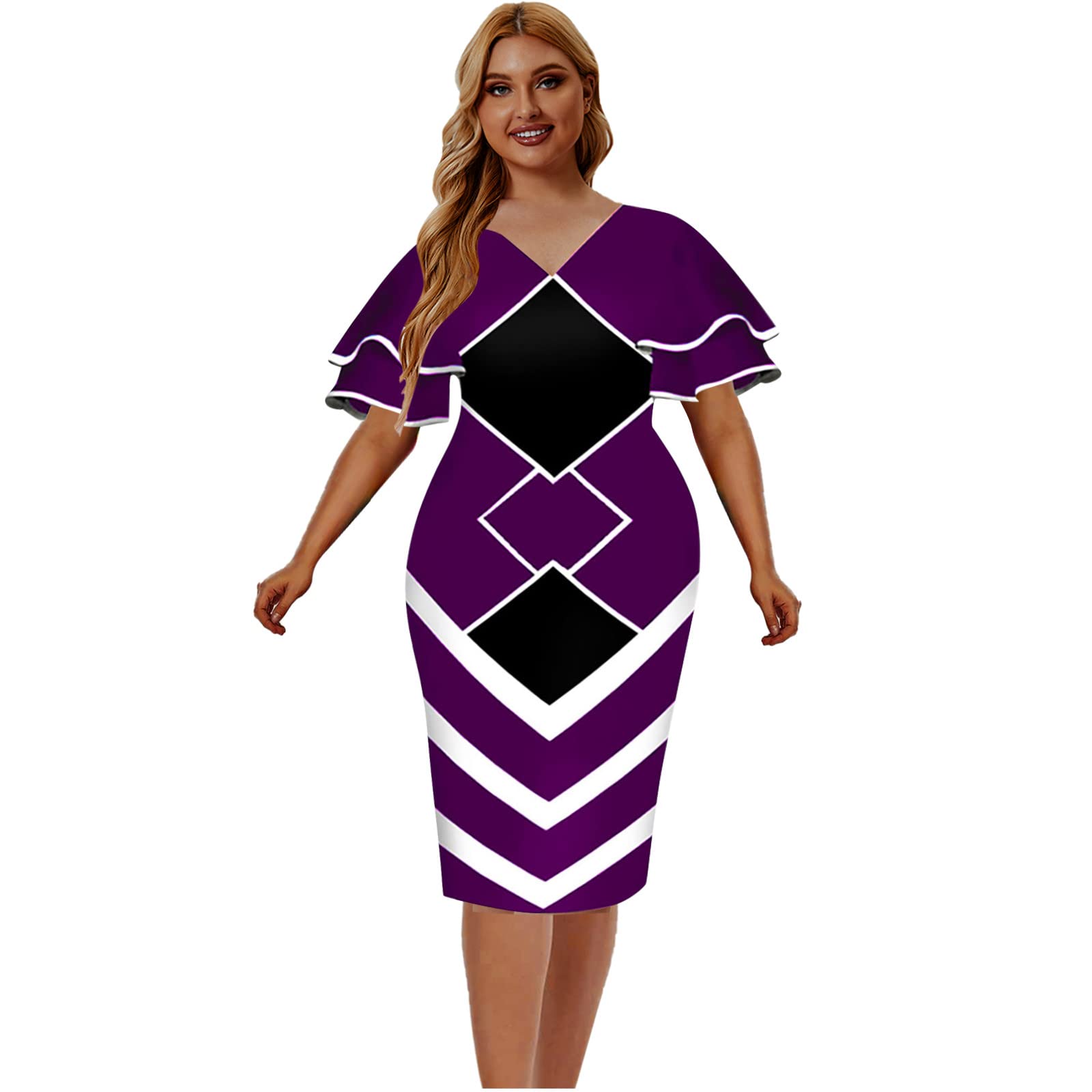 Plus Size Women's V-Neck Flared Sleeve Printed Midi Bodycon Dress for Cocktail Party, Date Night & Special Occasions | Fashionable & Comfortable Formal Attire