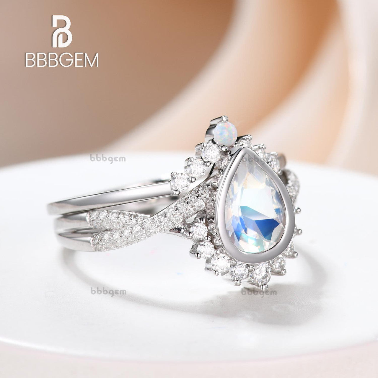 Vintage Moonstone Engagement Ring Set - Pear Shaped Stone with Twisted Band for Wedding, Proposal & Anniversary Gifts | Handmade Silver Jewelry for Brides & Couples