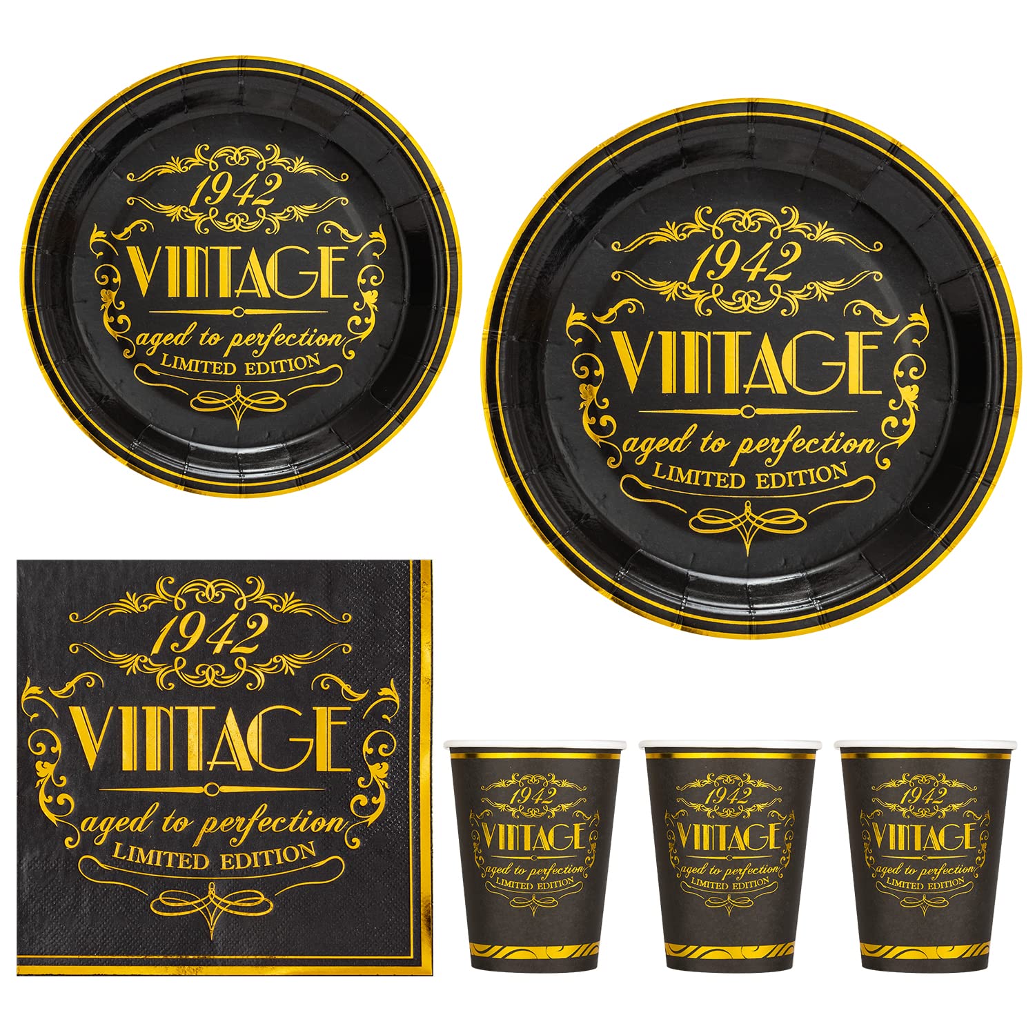 Vintage 1942 Black Gold Disposable Tableware Set - 24-Piece Party Supplies (9