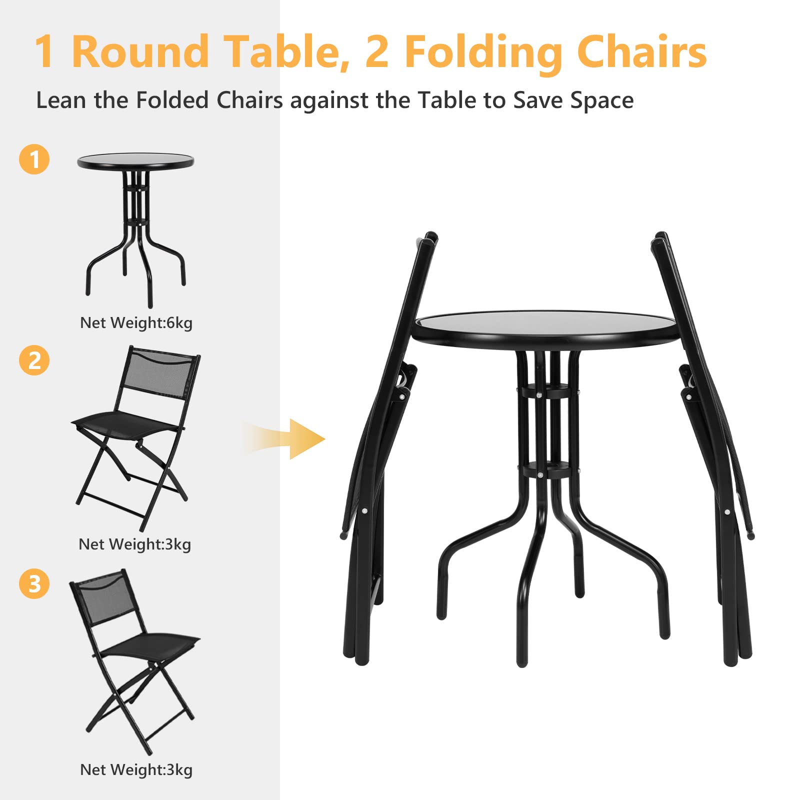 HappyGrill 3-Piece Bistro Set - Round Coffee Table & 2 Folding Chairs for Outdoor Dining - Perfect for Balcony, Garden, Backyard, Patio & Small Spaces