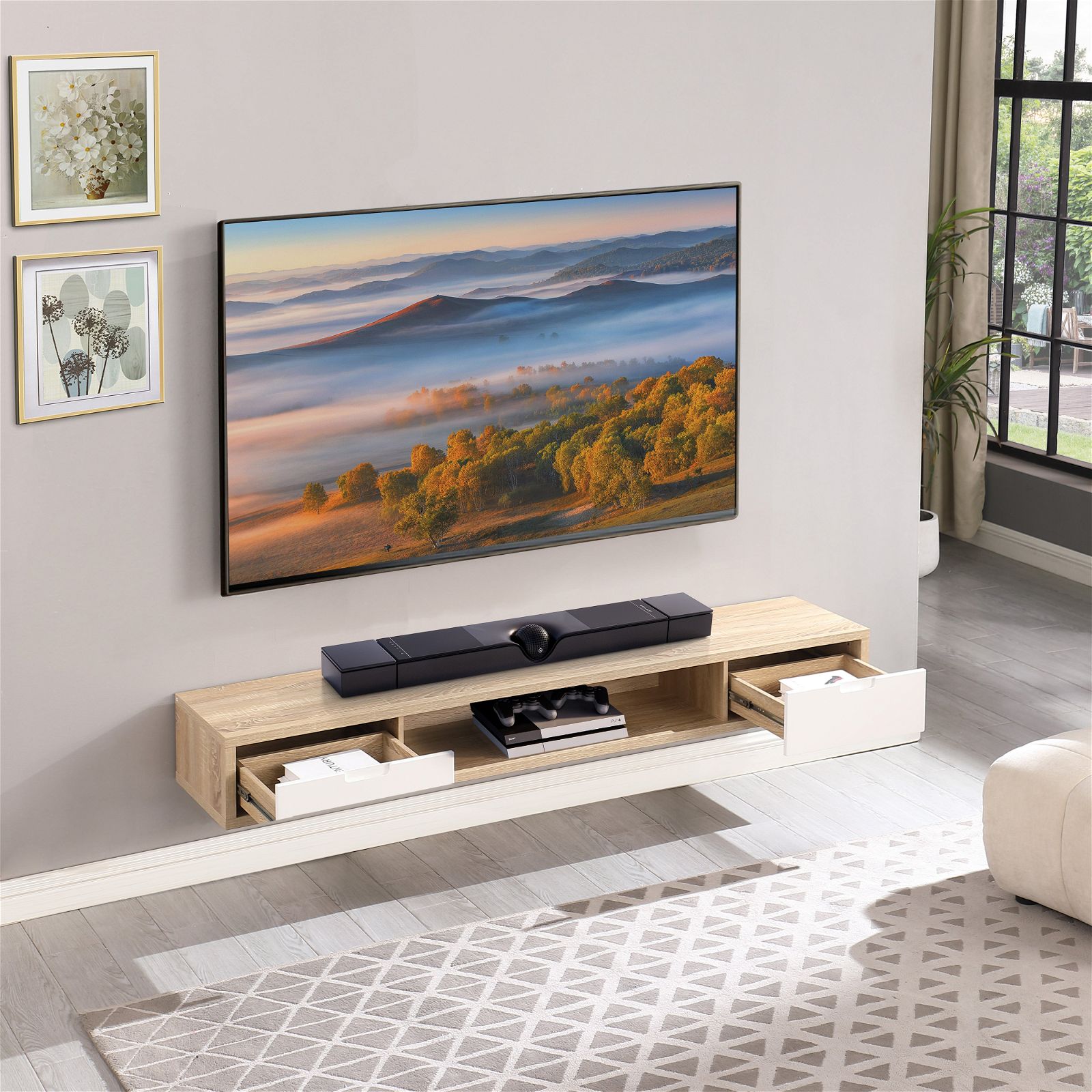Modern Oak Wall Mount TV Stand - 2000mm Wide Entertainment Center with Storage for Living Room & Home Theater by Criterion