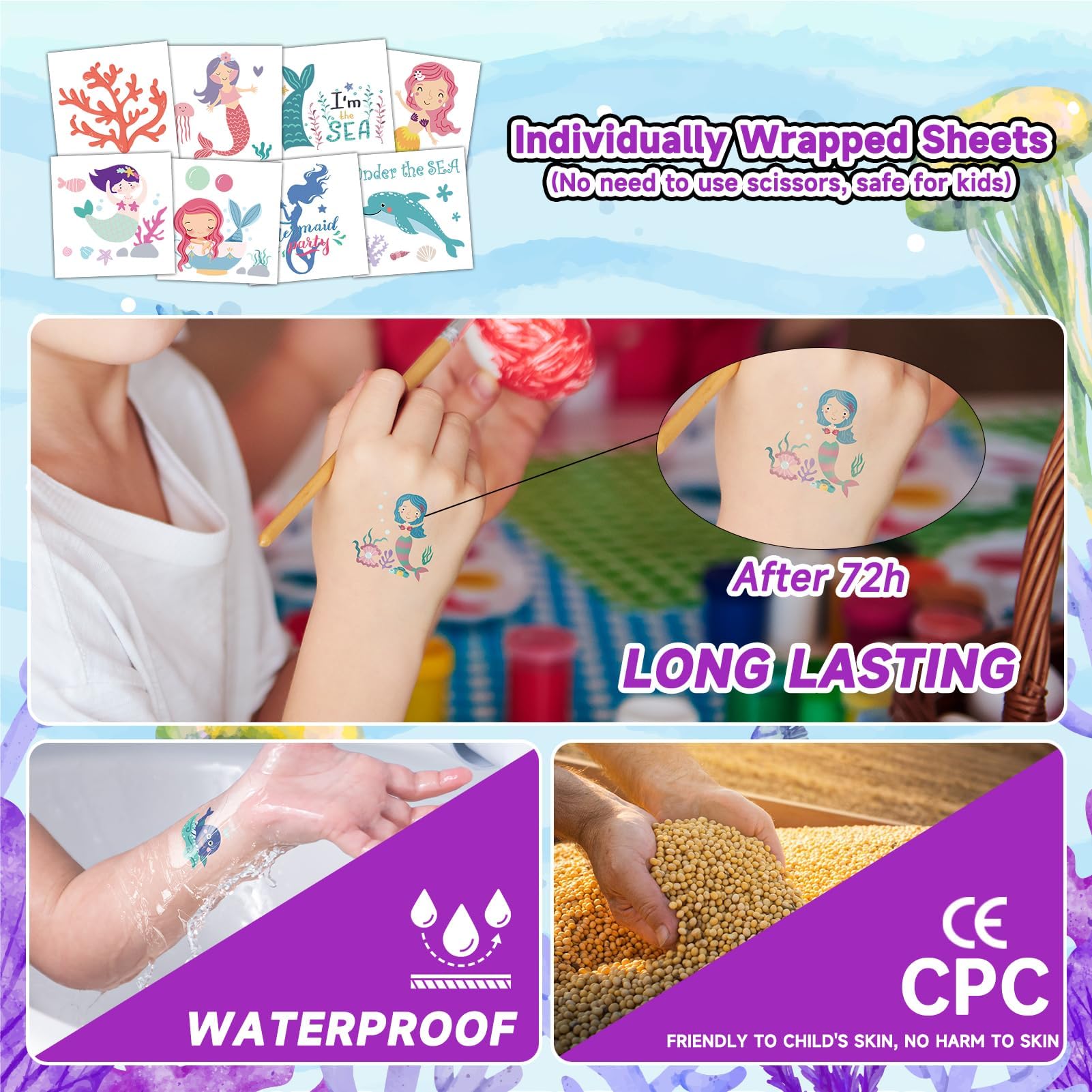 50 Sheets Mermaid Temporary Tattoos for Kids - Individually Wrapped Ocean Themed Tattoo Stickers for Birthday Parties, Mermaid Games & Summer Beach Activities - Perfect for Girls' Party Favors, Decorations & Underwater Themed Events