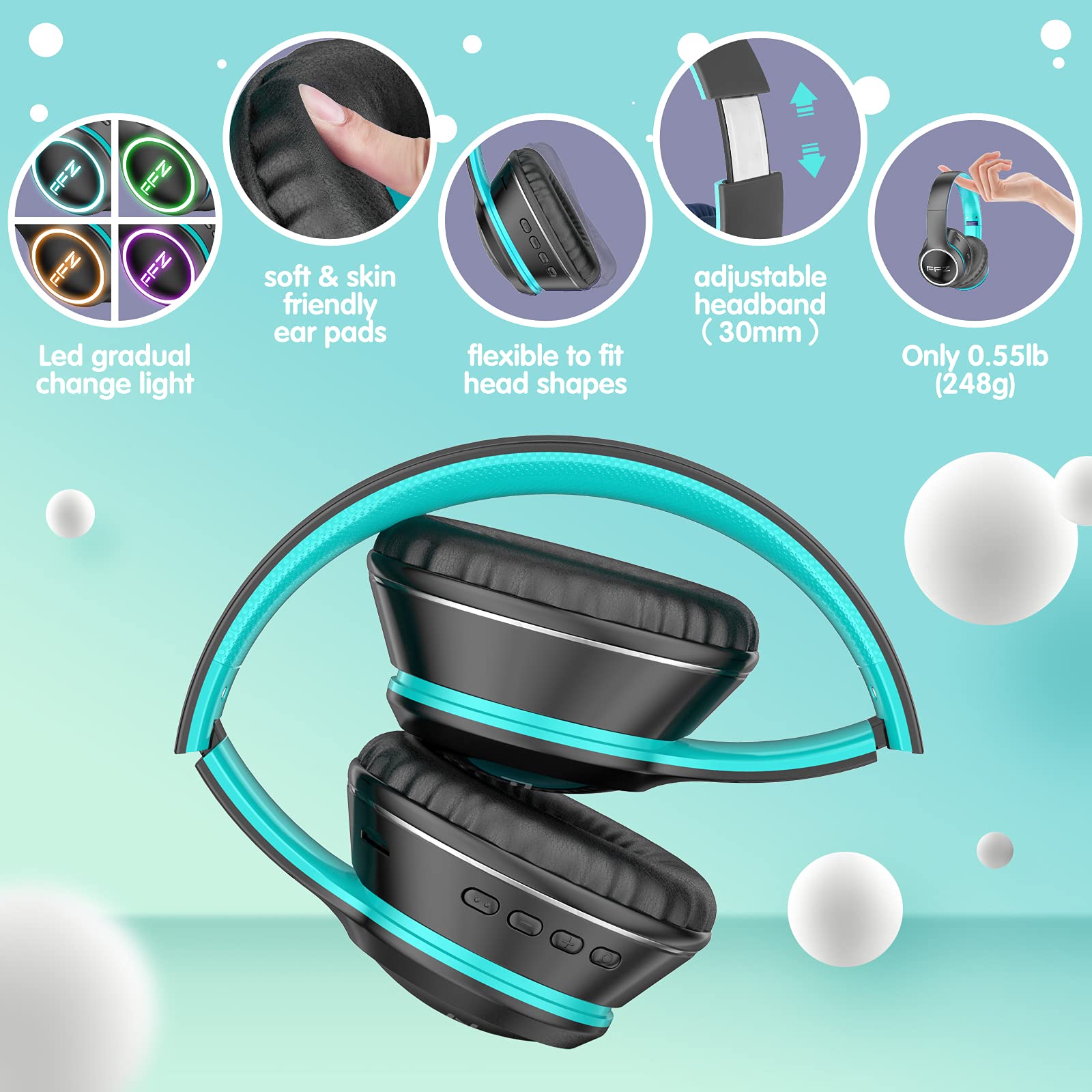 FFZ Kids Wireless Headphones with LED Lights - Bluetooth 5.0 Over-Ear Headset with Built-in Mic, Foldable Design & Soft Earpads for Boys & Girls - Ideal for School, Travel, Airplane, iPad & Home Use (Black)