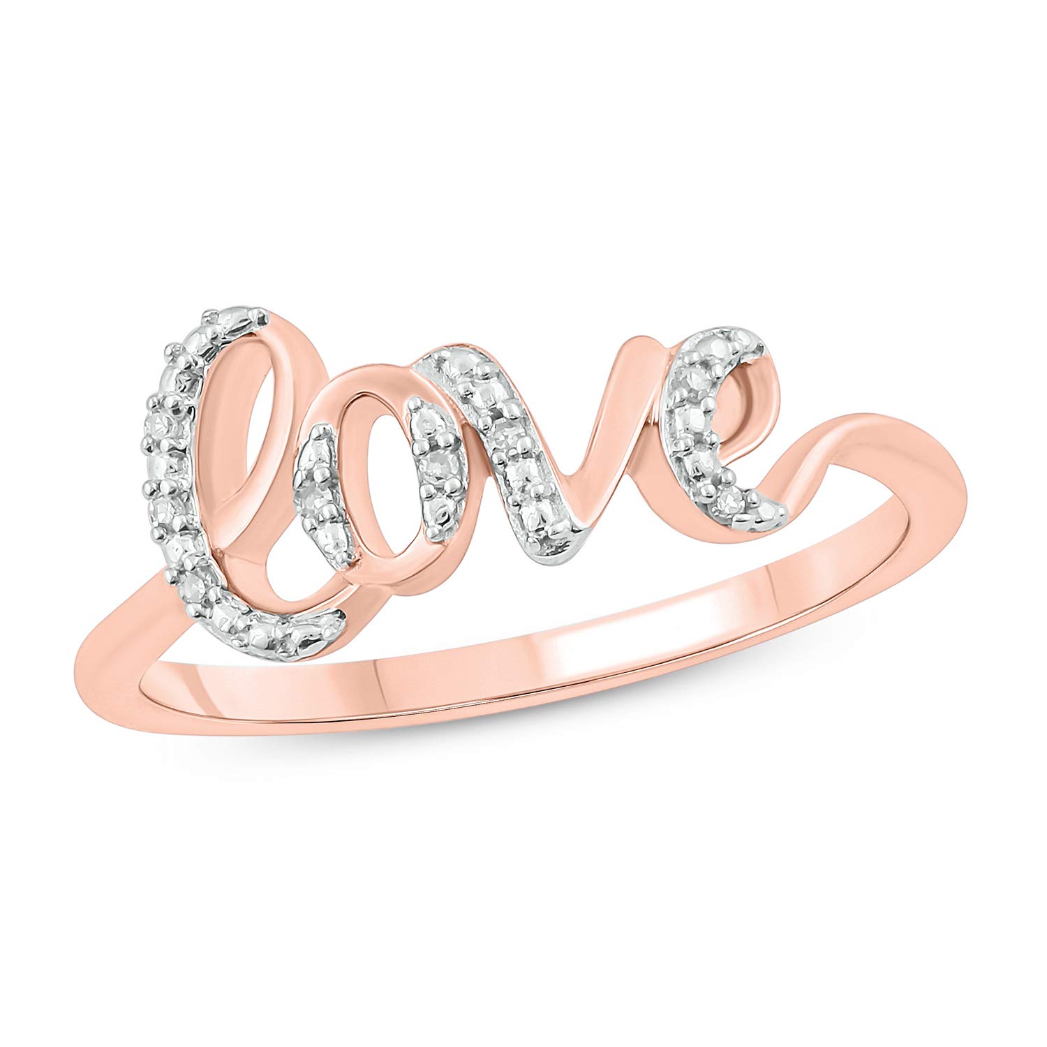 18K Gold Plated or 925 Sterling Silver Women's Love Ring with Diamond Accent - Elegant Cursive Script Band for Anniversary, Valentine's Day & Wedding Gift (Rose Gold/Yellow Gold/Silver)