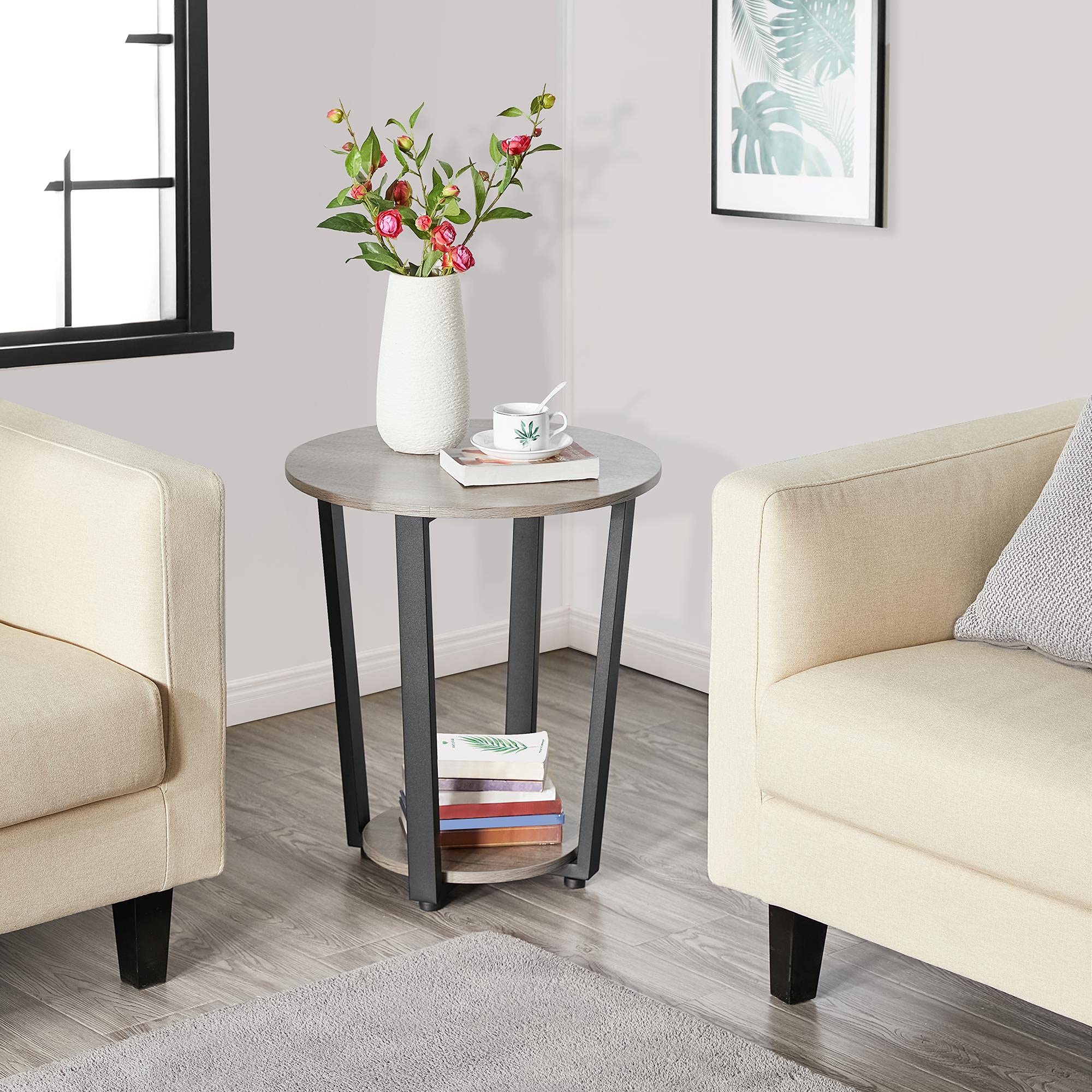 Yaheetech Farmhouse Round End Table with Storage Shelf - 2 Tier Sofa Side Table with Sturdy Metal Frame & Wood Top for Living Room, Bedroom, Small Spaces - Easy Assembly, Gray - Perfect for Coffee, Books, and Decor