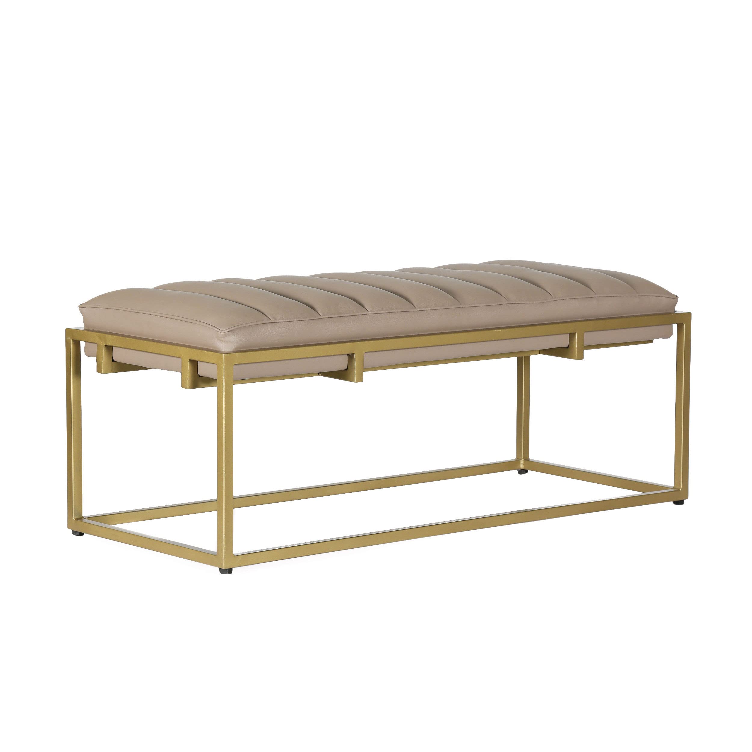 Christopher Knight Home Riebe Handmade Channel Stitch Ottoman Bench - Dark Cream/Matte Gold - Upholstered Storage Footrest & Extra Seating for Living Room, Bedroom & Entryway