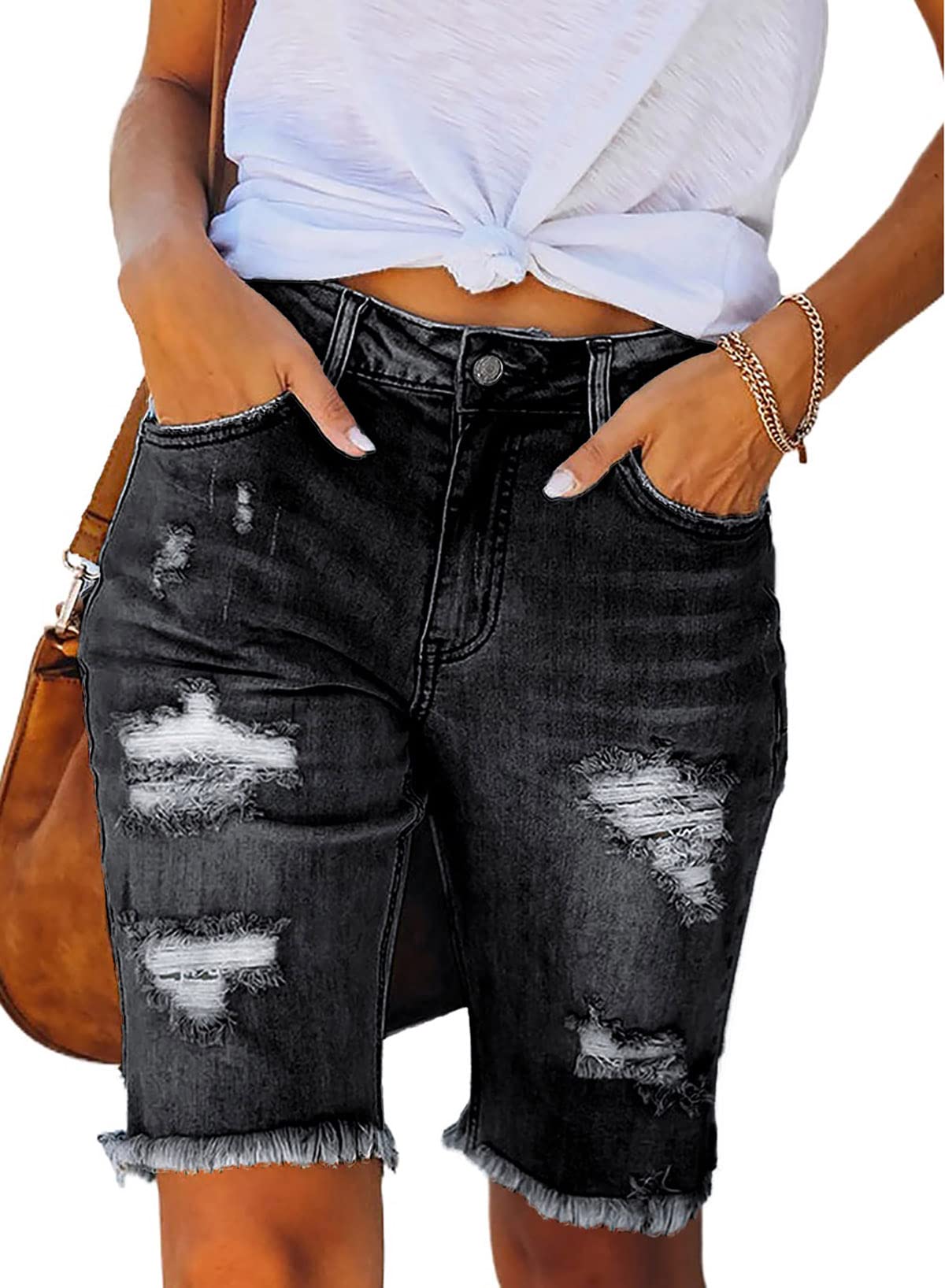 Sidefeel Women's Distressed Denim Bermuda Shorts - Raw Hem Jeans Shorts for Casual Wear, Summer Outfits & Street Style