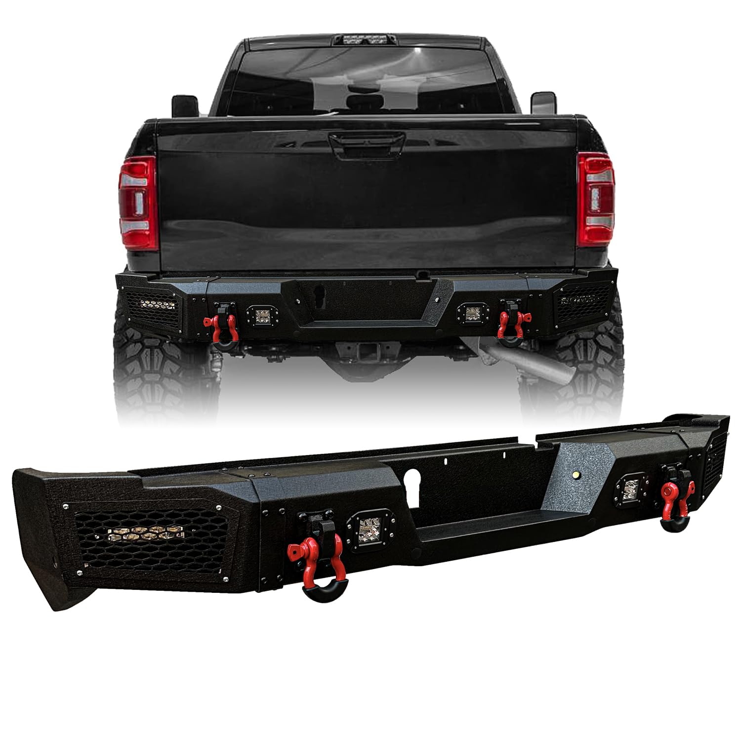 Black Textured Rear Bumper with 4 LED Lights & D-Ring for 2019-2023 Dodge RAM 2500/3500 | Sensor Mounting Hole | Off-Road Protection & Towing Upgrade
