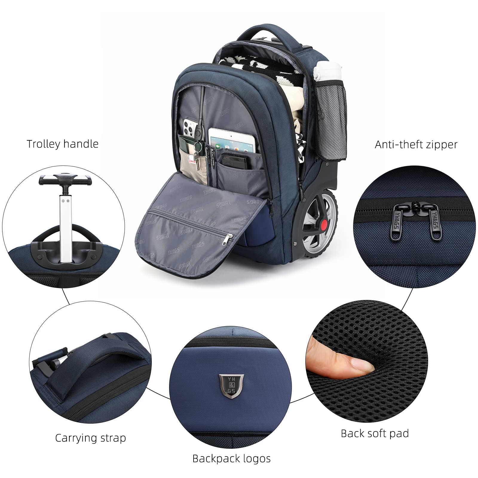 Waterproof Rolling Backpack with Wheels for Business Travel & Commuting - 20 Inch Wheeled Carry On Backpack with Laptop Compartment Fits 15.6 Inch Laptop - Durable Backpack for Adults, Women & Men (Blue) - Perfect for Air Travel, Daily Commute & Office Use
