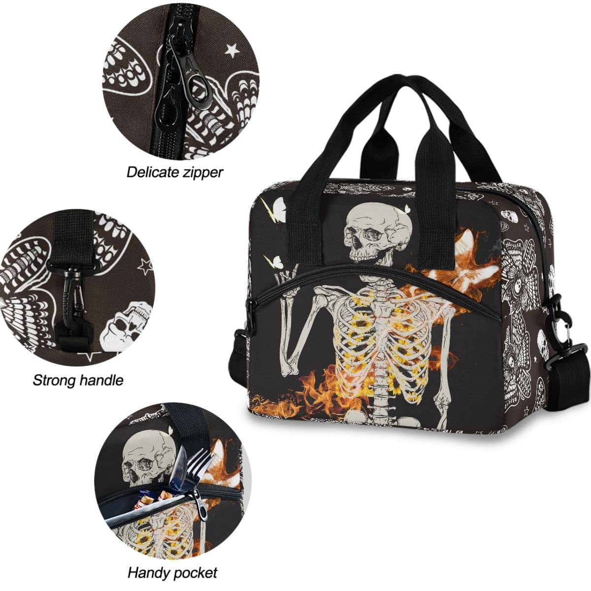 Insulated Lunch Bag with Skull Skeleton & Glitter Butterfly Design - Reusable Leakproof Cooler Tote for Women & Men - Perfect for Work, School, Picnics & Outdoor Activities