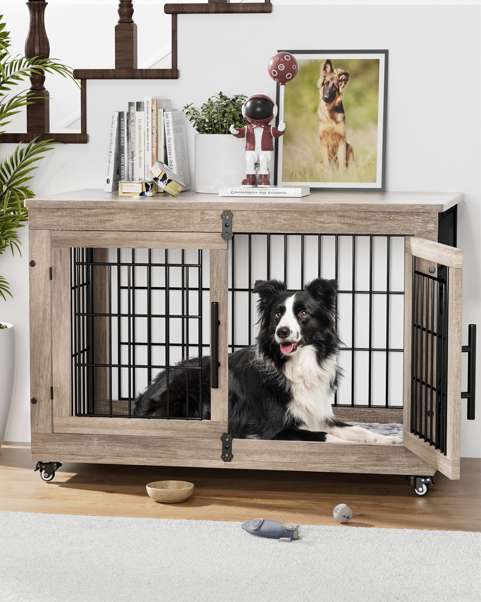 Premium Wooden Dog Crate Furniture with Cushion - Large Indoor Dog Kennel with Double Doors & Wheels - 38.5