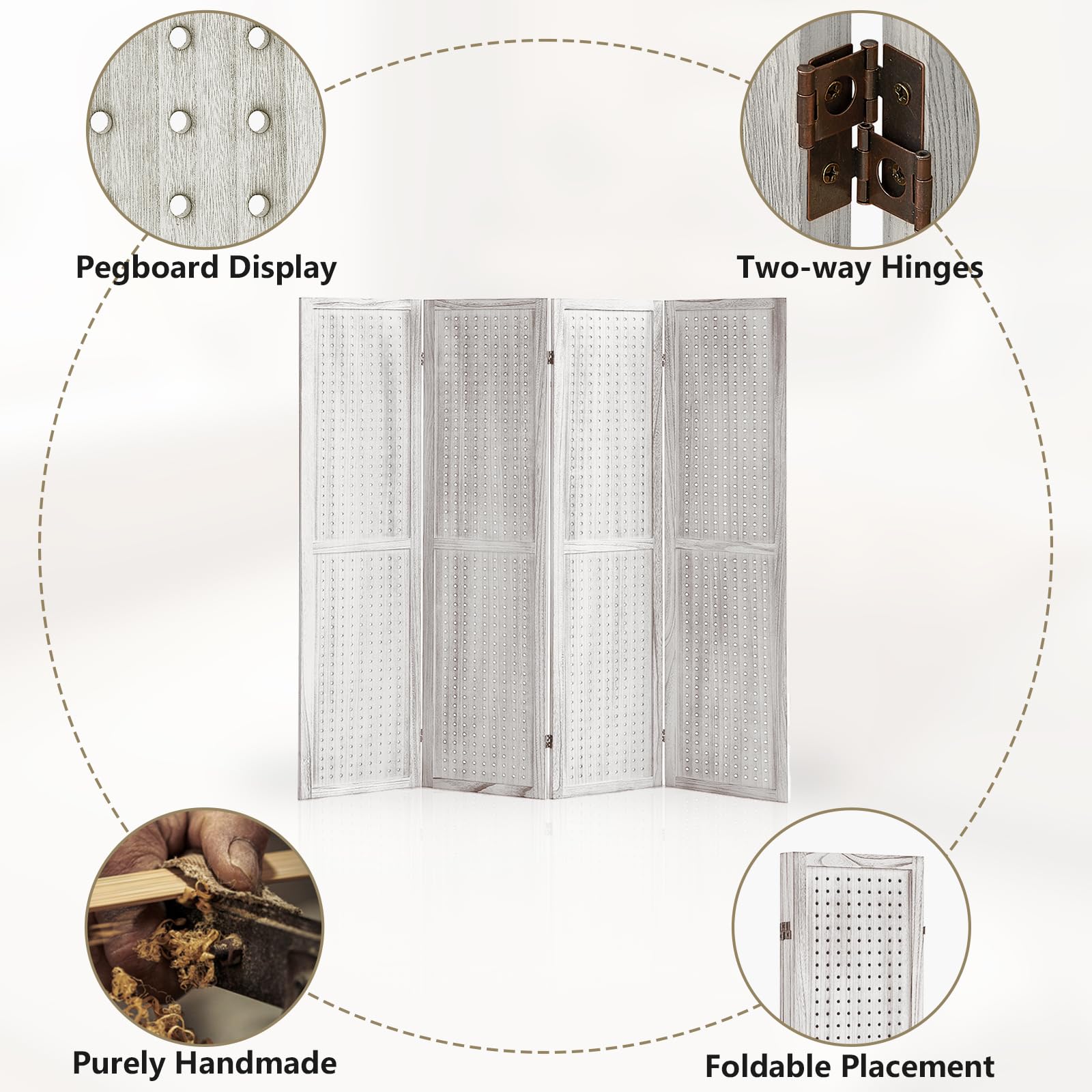 4 Panel Wooden Room Divider - 5.6Ft Folding Privacy Screen & Pegboard Display for Bedroom, Store, Jewelry Organizer | Portable Partition for Home Office, Retail Shop & Event Booth (White)