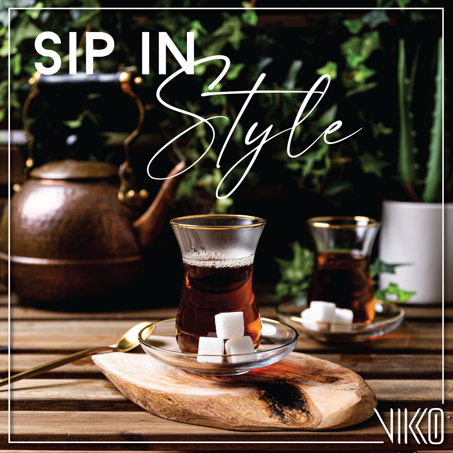 Vikko Turkish Tea Glasses & Saucers Set - 6 Clear Glass Tea Cups with Gold Accents (5.5 Oz Each) & 6 Matching Plates - Authentic Turkish Tea Set for Home, Cafe or Gift