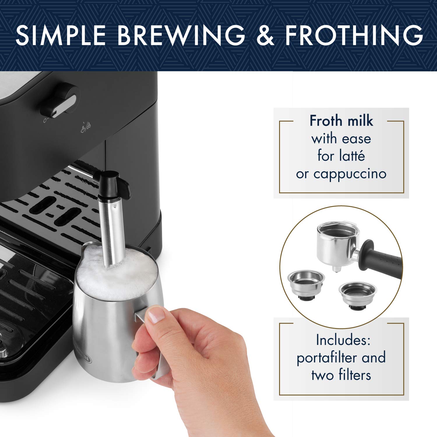 De'Longhi 15 Bar Pump Manual Espresso Machine with Milk Frother & 2 Thermo Glasses - Perfect for Home Baristas & Coffee Lovers
