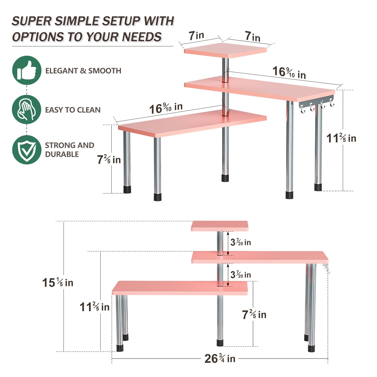 3-Tier Bamboo Corner Shelf Organizer for Bathroom, Kitchen, Office & Living Room - Space Saving Spice Rack, Makeup Organizer & Bookshelf (Pink) - Perfect for Small Spaces, Countertop Storage & Home Organization