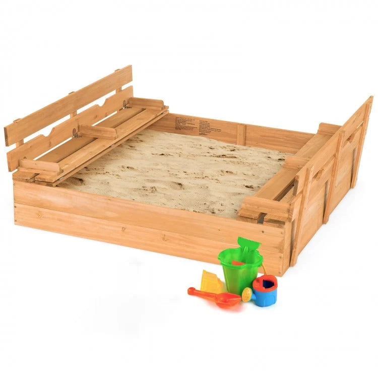 Kids Wooden Sandbox with 2 Foldable Bench Seats - Outdoor Play Sand Box for Toddlers & Children - Perfect for Backyard, Garden & Playground Fun