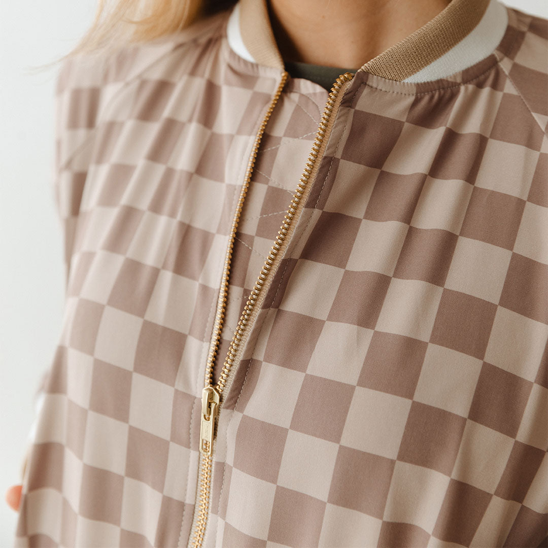 Stylish Brown Checkers Bomber Jacket for Men & Women | Vintage Inspired Lightweight Jacket for Casual Wear & Street Fashion
