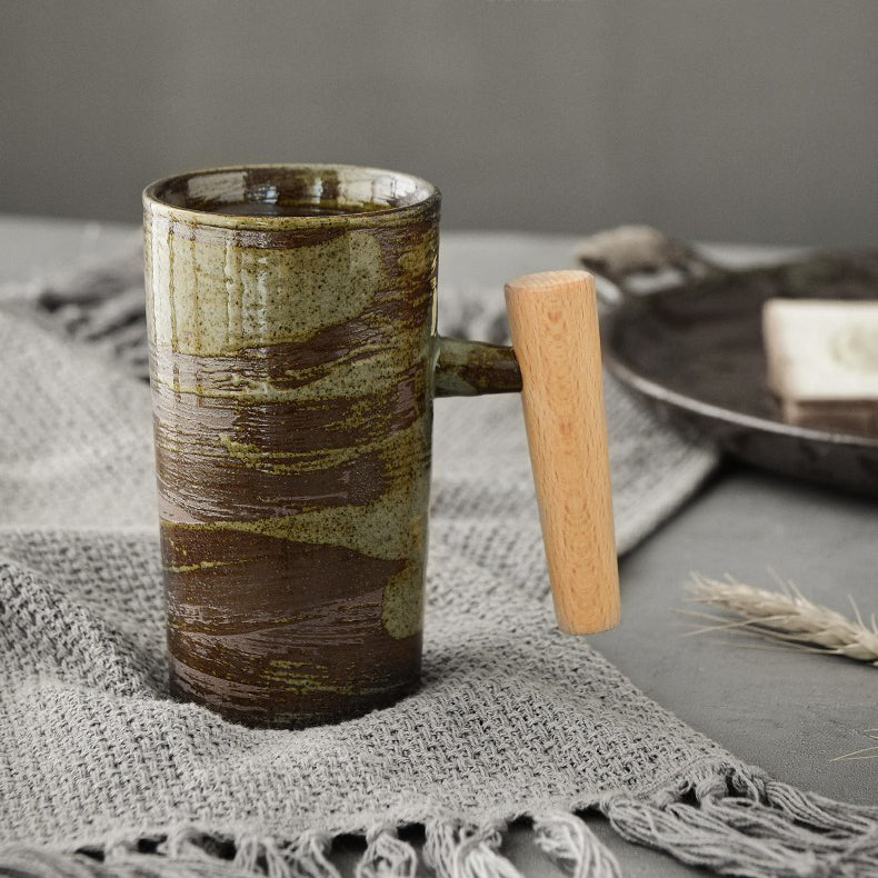 Vintage Japanese Ceramic Mug with Wooden Handle - Handcrafted Tea & Coffee Cup for Home, Office, and Gifts