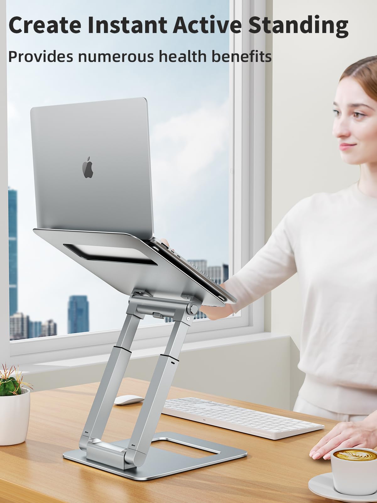Adjustable Height Laptop Stand for Desk, Ergonomic Sit-Stand Computer Riser for Posture Support, Aluminum Laptop Holder for Spine Protection, Compatible with MacBook Pro & All 10-17