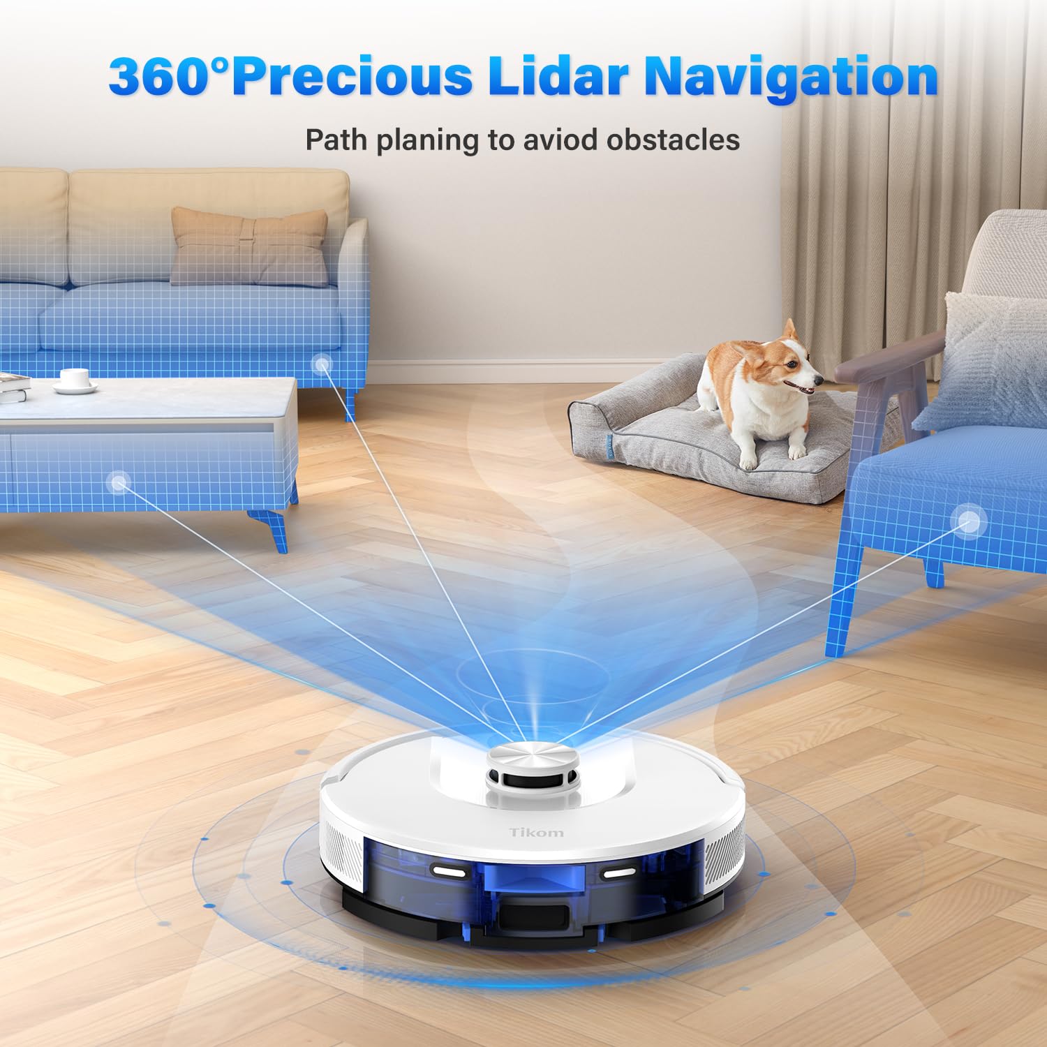Tikom L8000 Robot Vacuum and Mop with Laser LiDAR Navigation - 150Mins Runtime, Ultra-Quiet 45dB, 14 No-Go Zones & 20 Virtual Walls - Self-Charging for Pet Hair, Carpets & Hard Floors (White) - Perfect for Large Homes with Pets & Multi-Surface Cleaning