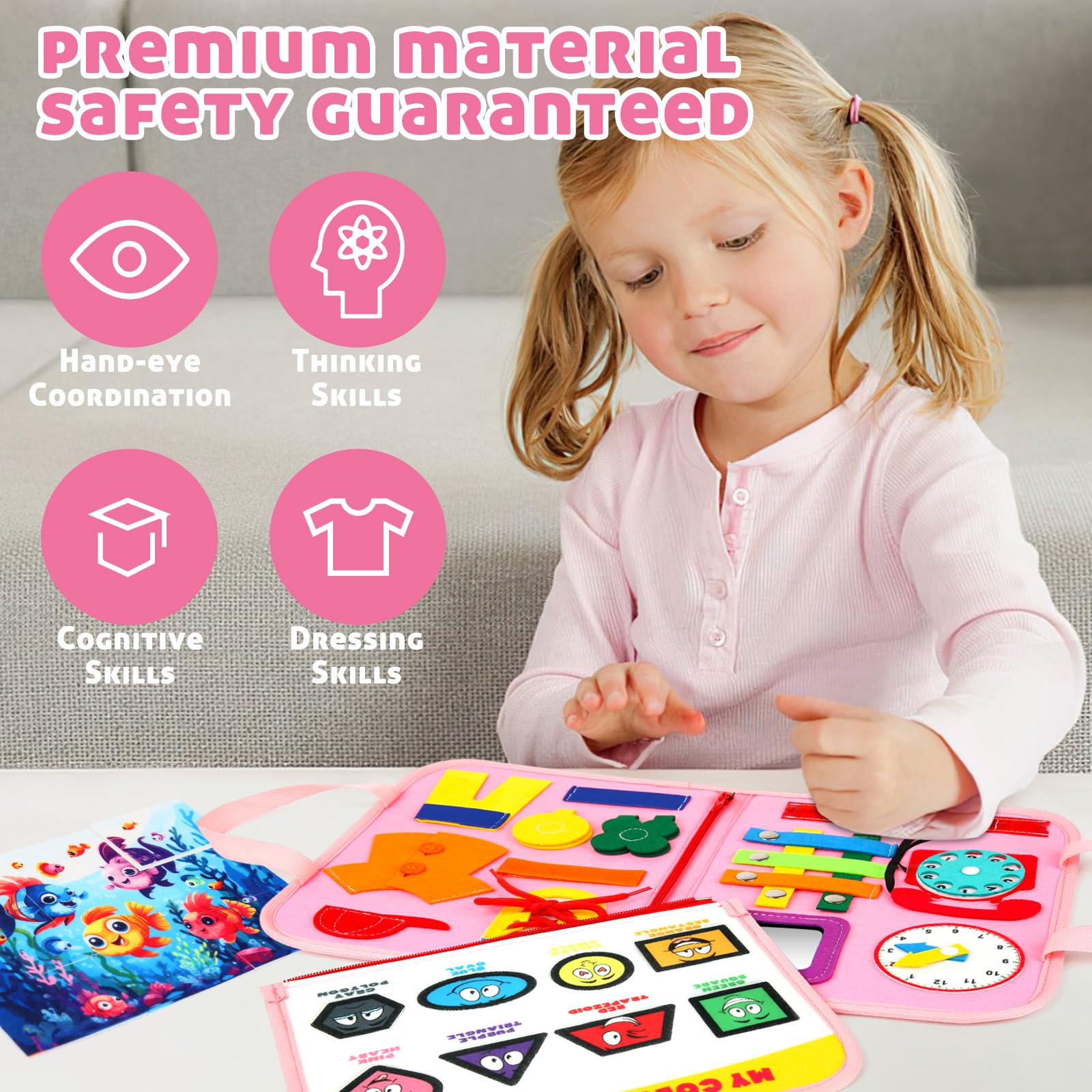 Montessori Busy Board for Toddlers 1-4 - Sensory Travel Toy for Airplane & Car