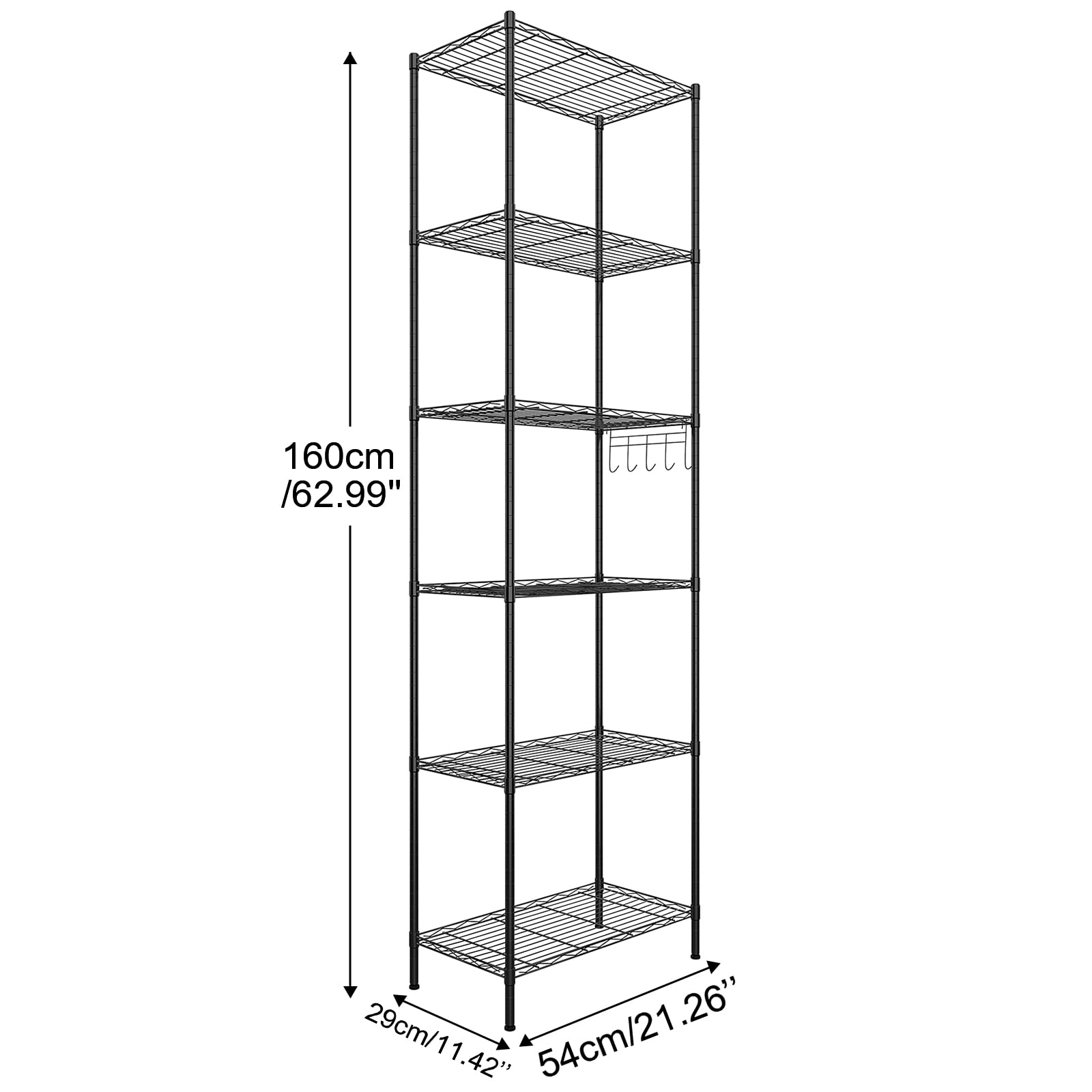 Himimi 6-Tier Adjustable Wire Storage Shelf - Free Standing Metal Shelving Unit with Leveling Feet & Stainless Hooks - Black (2-Pack) - Perfect for Laundry Room, Bathroom, Kitchen Pantry & Closet Organization