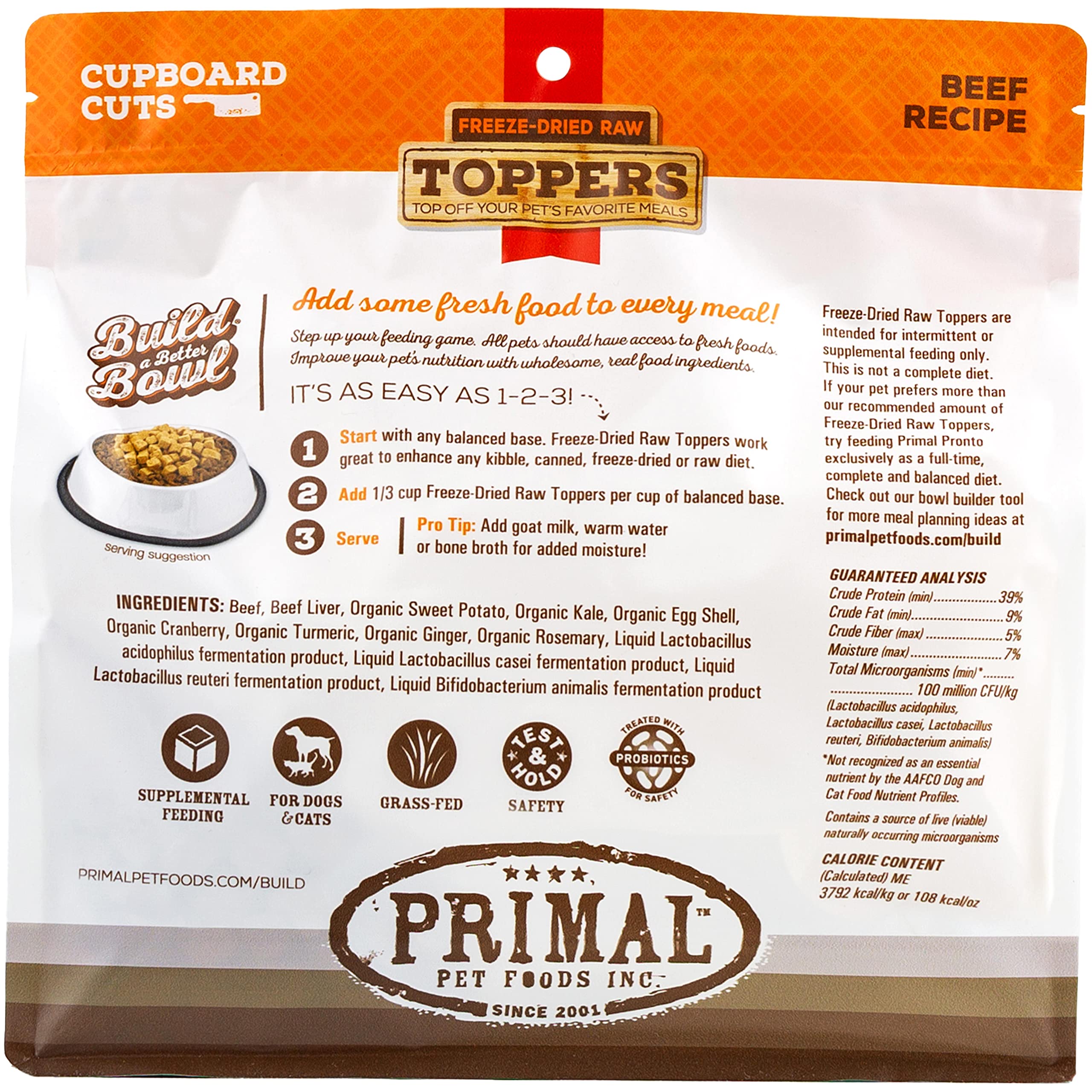 **Primal Freeze-Dried Raw Dog & Cat Food Toppers - Grain-Free, Probiotic-Enriched Meal Mixers for Dogs & Cats - Beef Flavor (18 oz) - Perfect for Training, Digestive Health & Picky Eaters**
