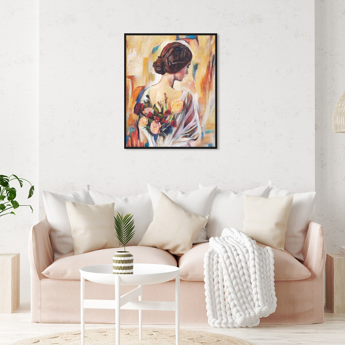 Modern White Framed Canvas Wall Art Print - Floral Back and Flowers Design for Women, Elegant Home Decor for Bedroom, Living Room & Office